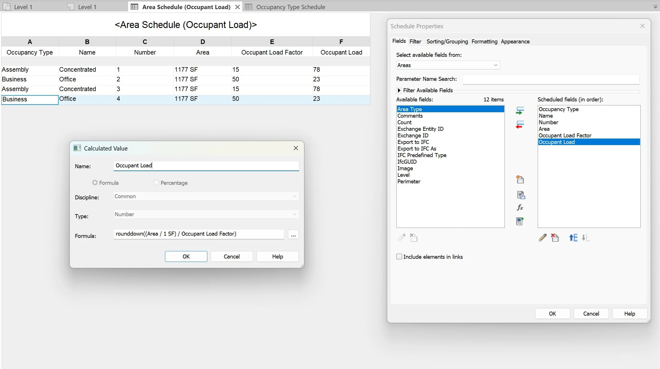 Revit calculated parameter formula for setting up occupant load calculation schedules.