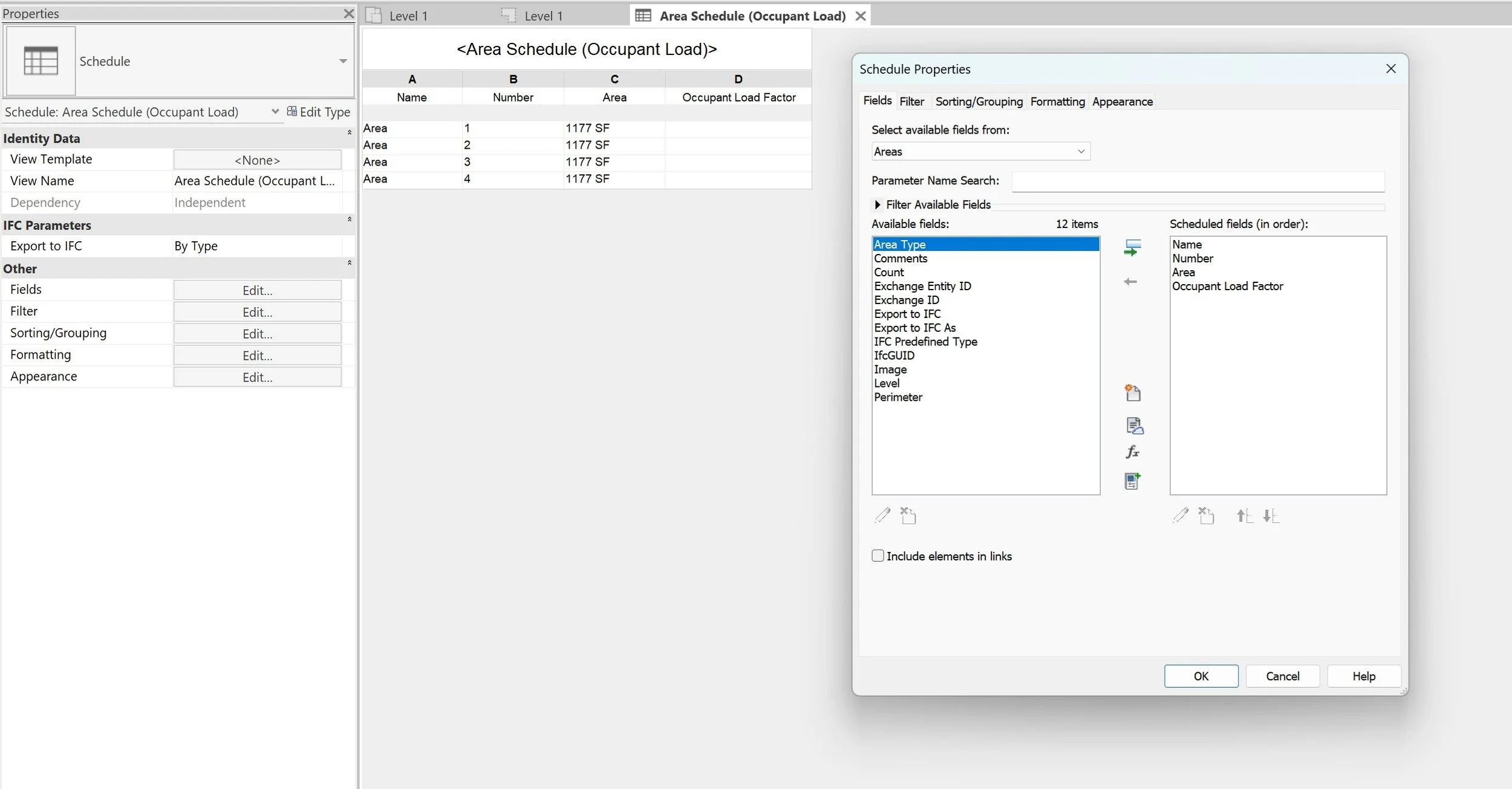 Revit building an occupant load calculation schedule