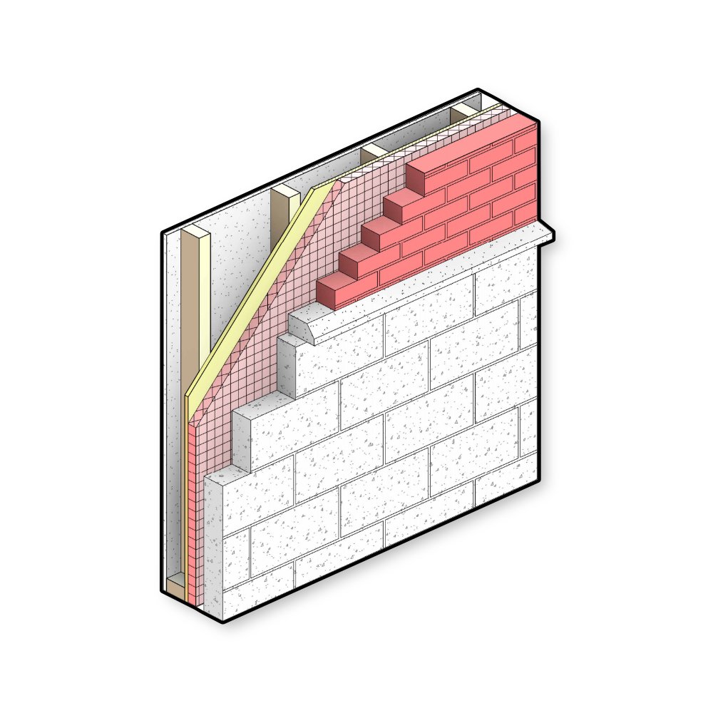 Revit template wall assemblies in 3D isometric brick and stone base with insulation and wood stud wall