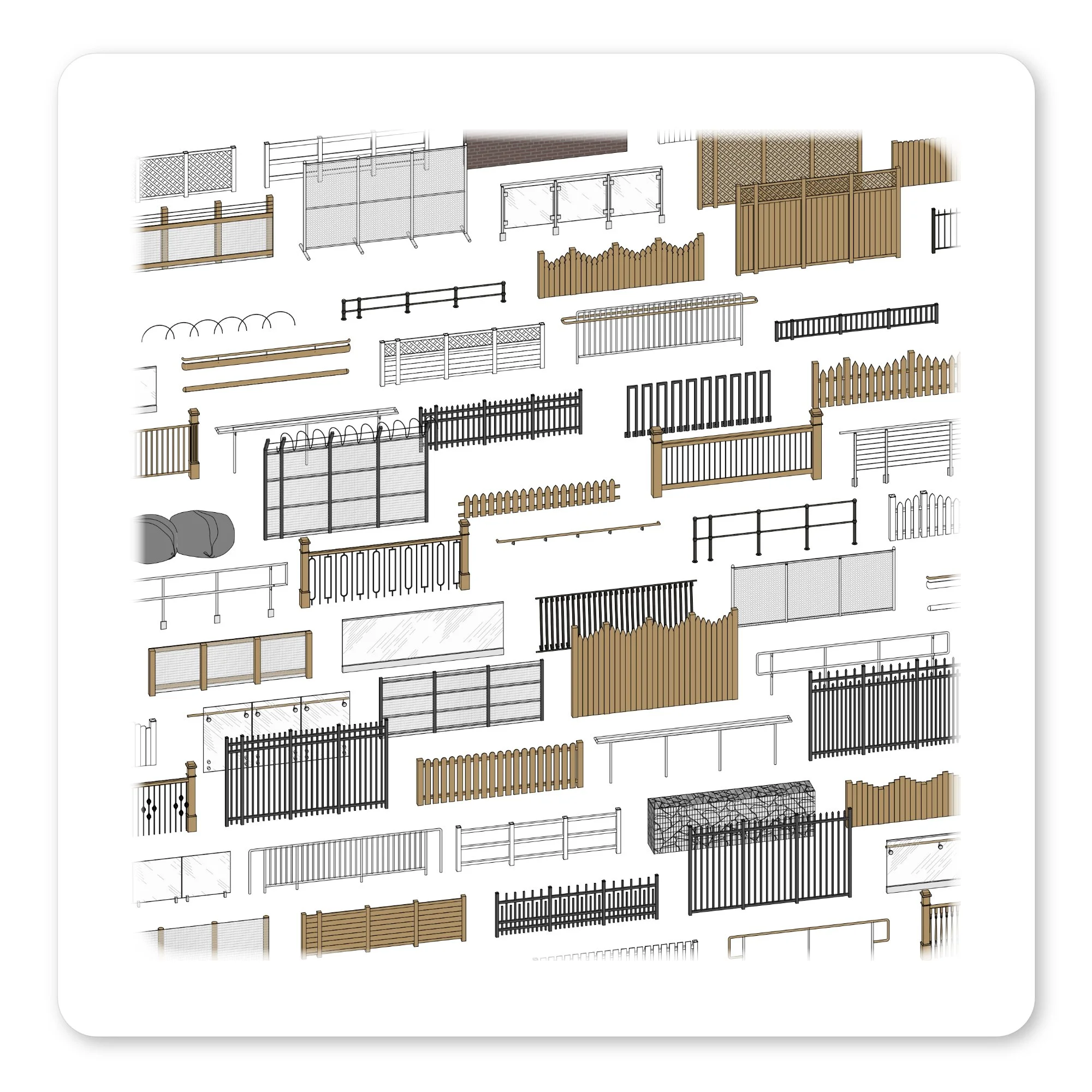Massive collection or residential and commercial revit family railings with site fencing for residential and construction.
