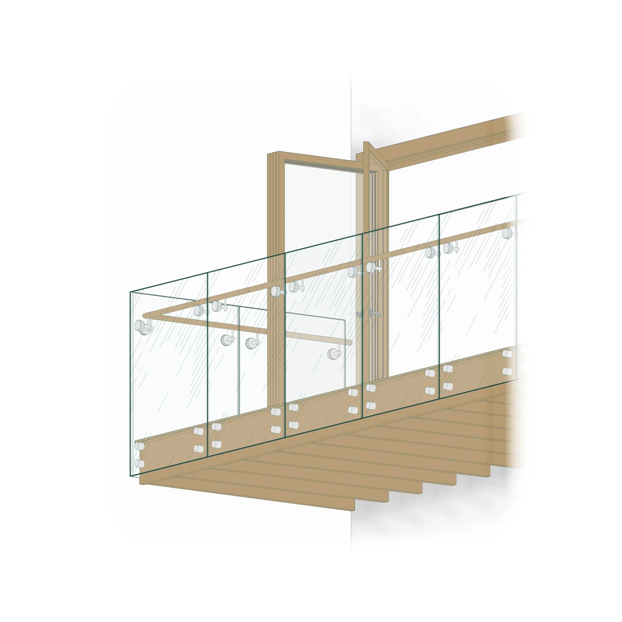 Revit peg side mounted glass railing family with handrail.