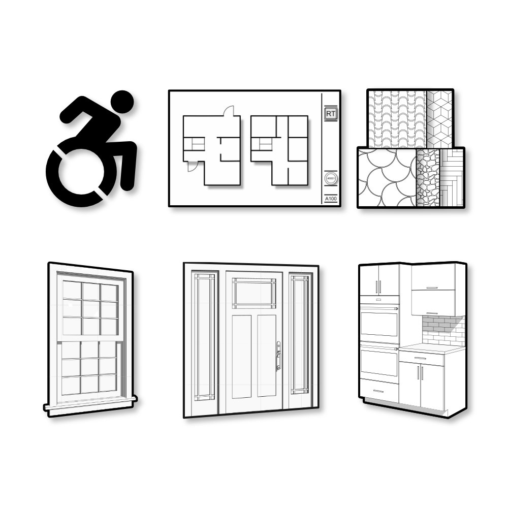 Revit Template door, window, cabinet family collection bundles and hatching patterns and ada details