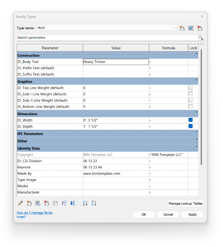 Revit family type dialog for heavy timber detail item family