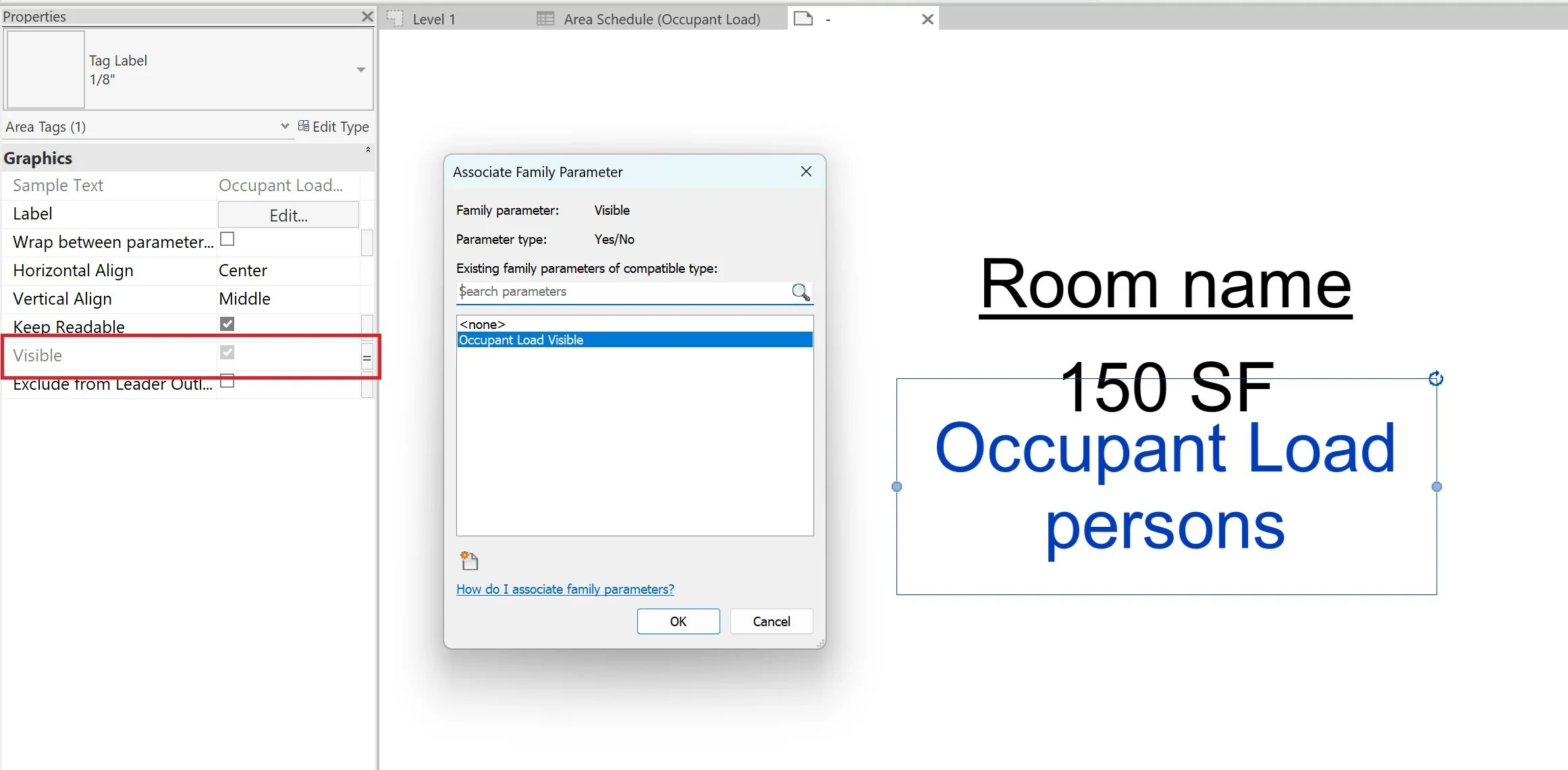Area tag with occupant load calculations applied to labels for occupant load diagrams.