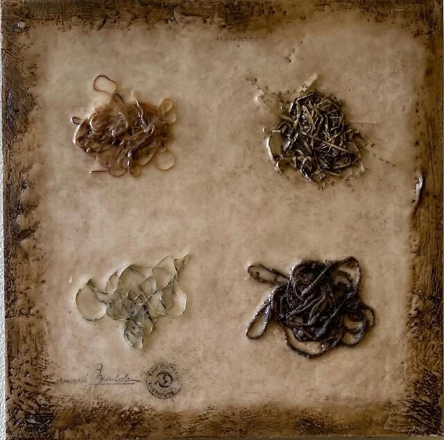 Untitled, by Nancy Crawford. Encaustic with found objects