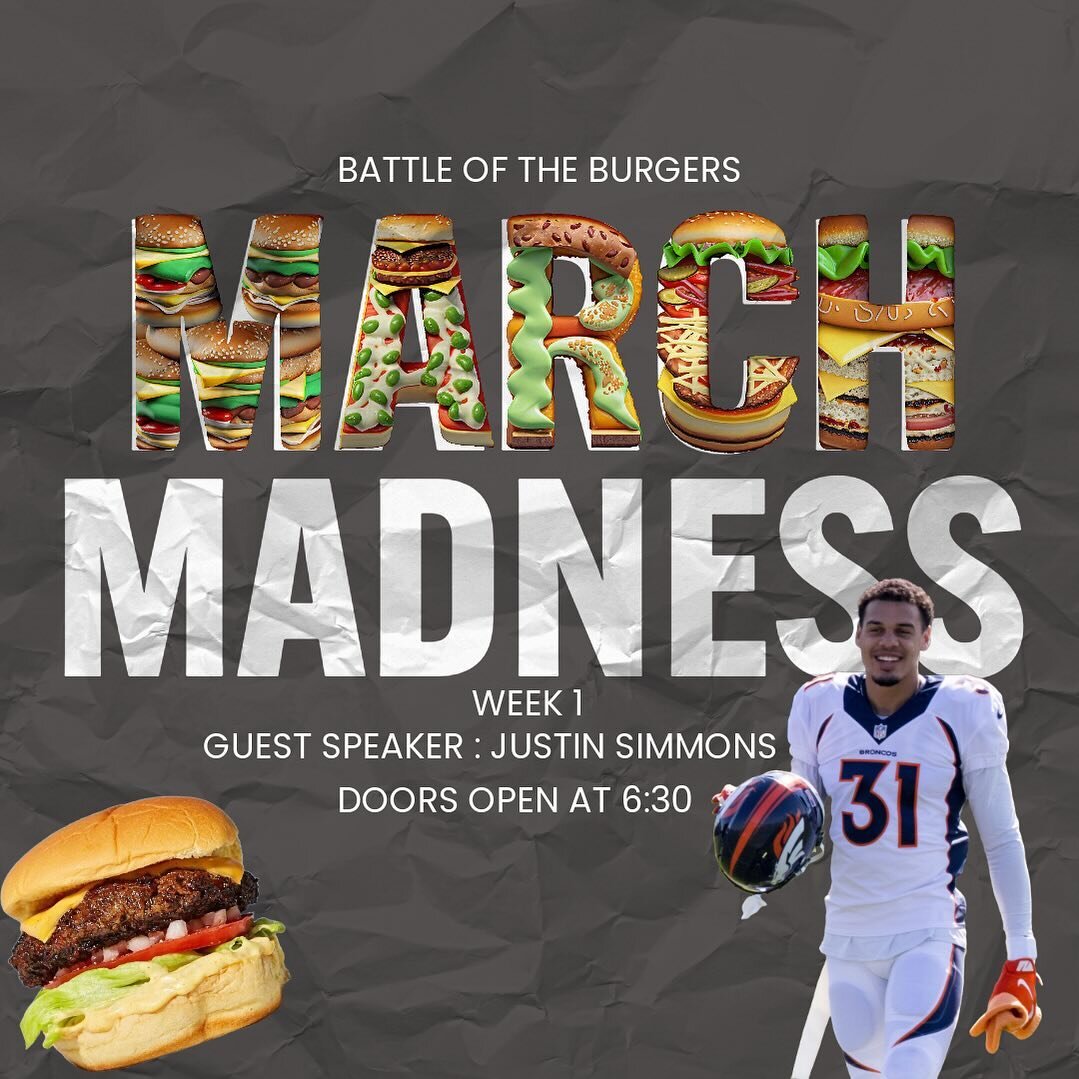 GET EXCITED!!!! 
The FIRST night of MARCH MADNESS is coming up THIS THURSDAY!! 😝 JUSTIN SIMMONS, safety for the Denver Broncos, will kick us off as our guest speaker for night 1 and YOU DON&rsquo;T WANT TO MISS IT!!!! It&rsquo;s also Battle of the B