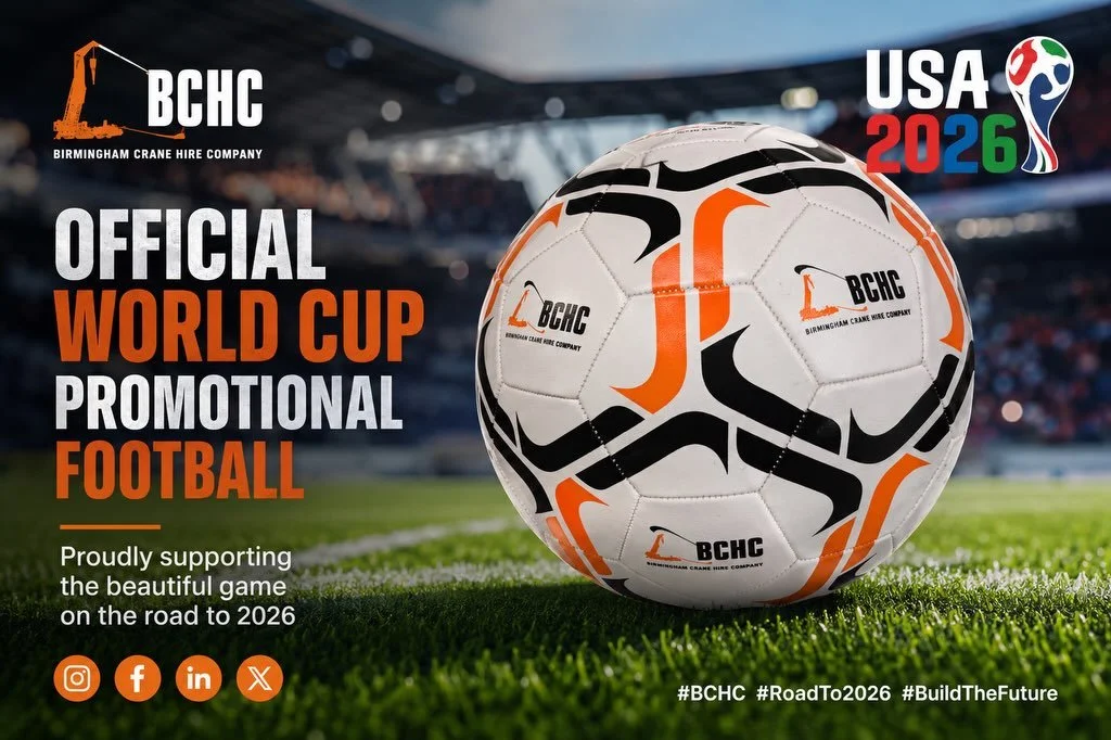 Birmingham Crane Hire are officially World Cup ready ⚽🏗️The limited edition BCHC World Cup footballs have arrived and the team are already backing England all the way for USA 2026. Bring on a Summer of football that brings success for the 3 Lions an