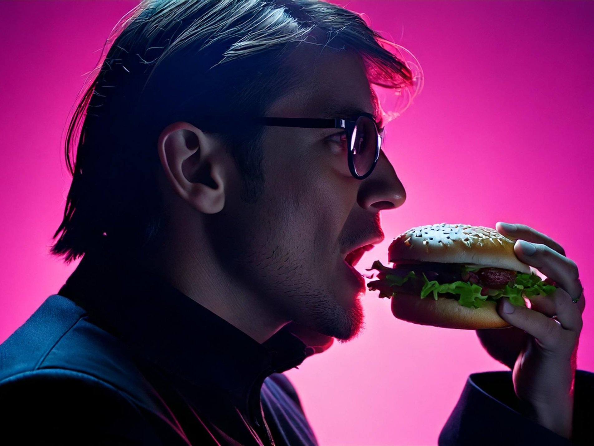 Person eating burger in front of pink background