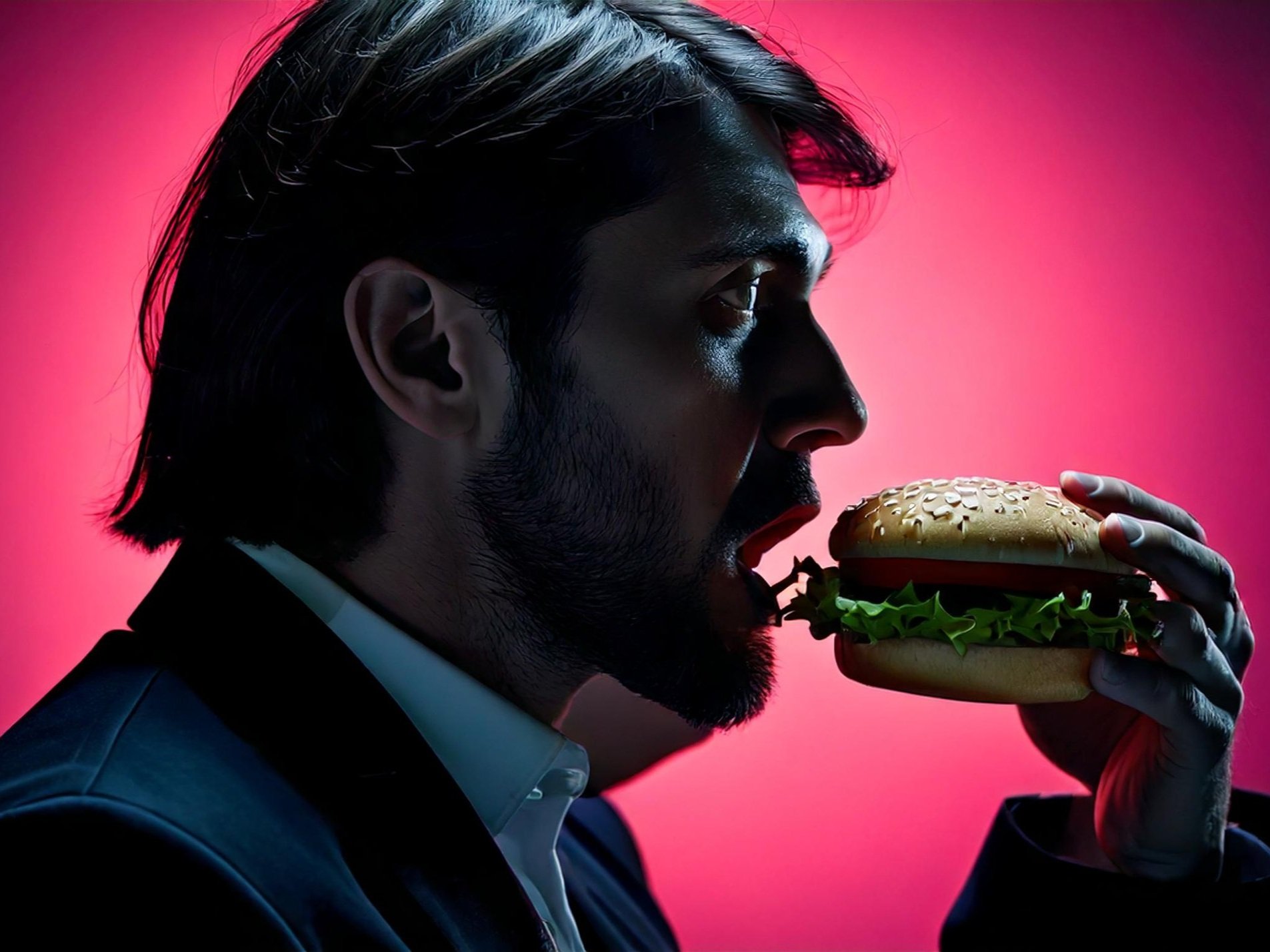 Person preparing to eat a hamburger against a pink background.