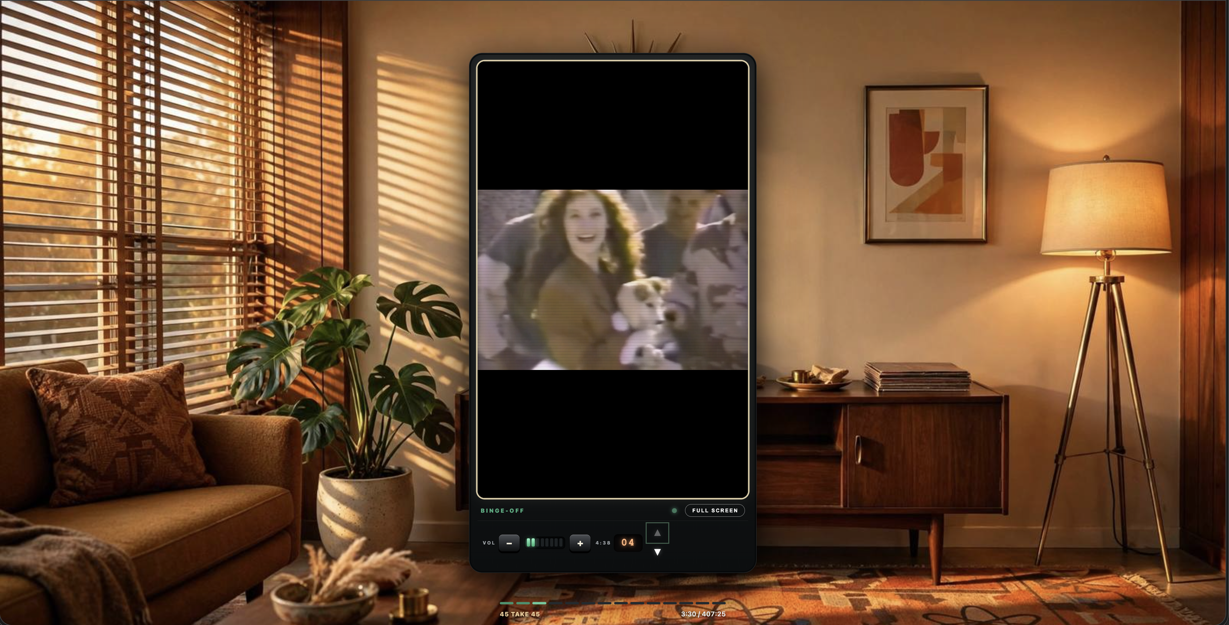 The binge breaker. Pick a break — a one-video Quick Hit or Take 5, 10, 15, 20, or 30 — watch top clips on a retro TV, then it says goodbye and enforces a real cooldown. No login, no tracking; your break timers stay on your device.