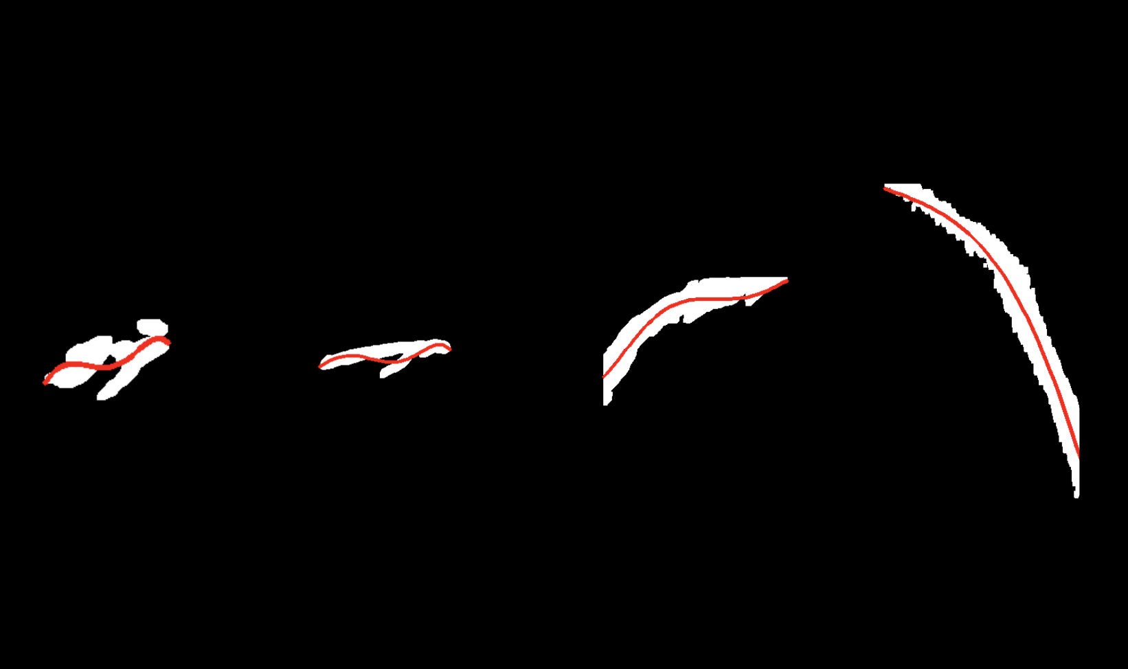 Examples of skeletonization of various blob shapes. Algorithm performs well regardless of blob orientation.
