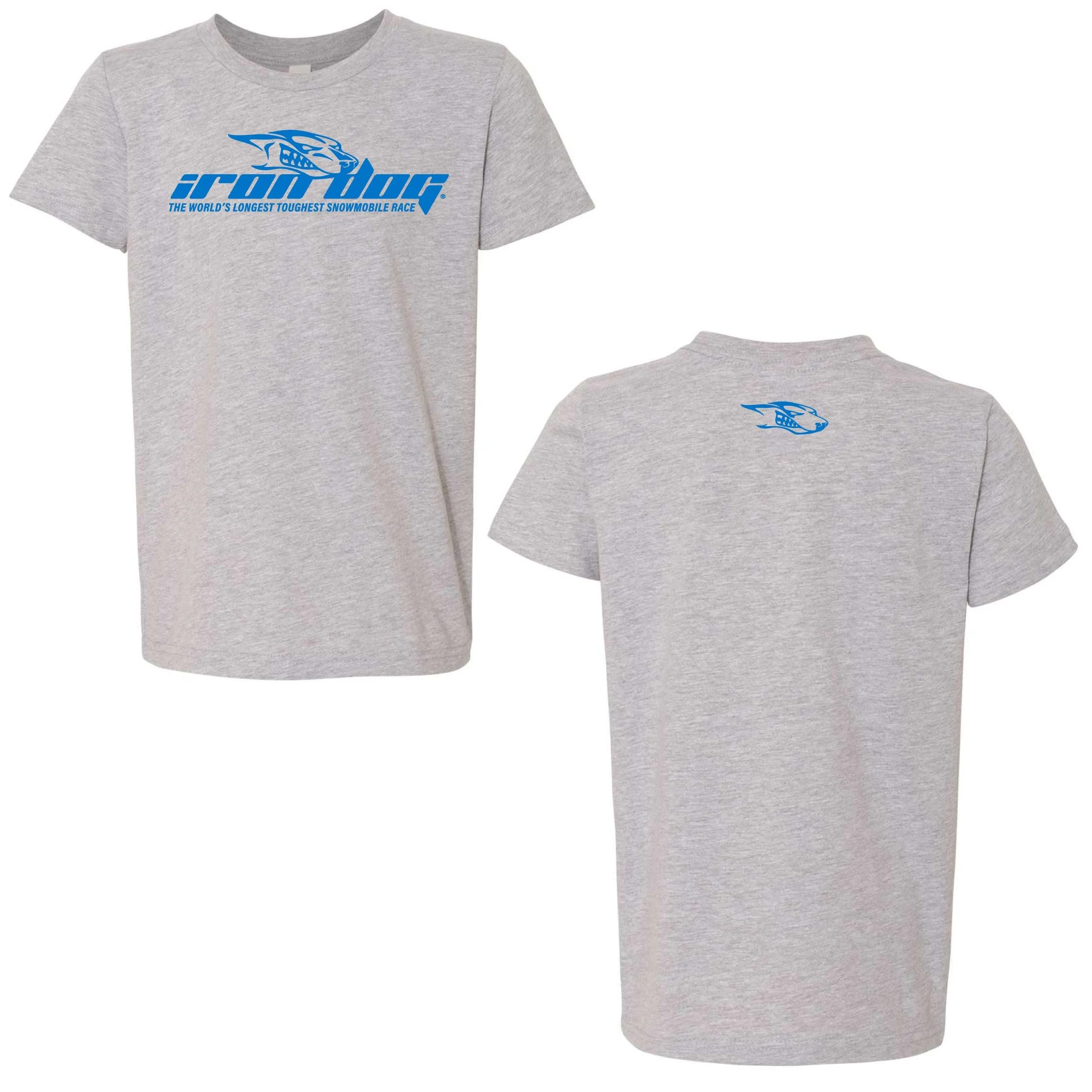 Youth Athletic Grey t-shirt with Logo on front and Iron Dog head on back in blue