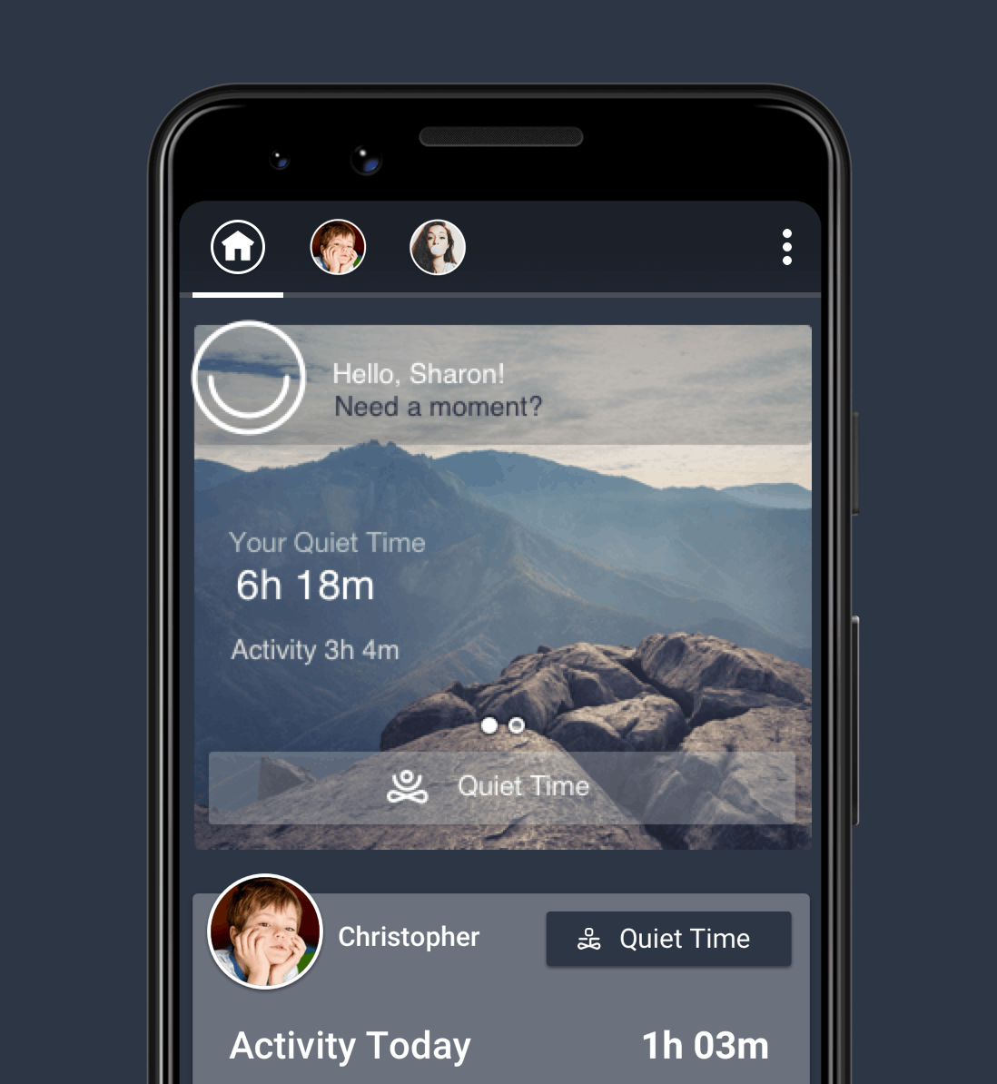  “Parent” dashboard showcasing the user enabling a ‘Quiet Time’ session for Christopher. Entering ‘Quiet Time’ hides all non-essential apps (on iOS devices) and locks the “child” device until the session is ended up the parent device. See the result 