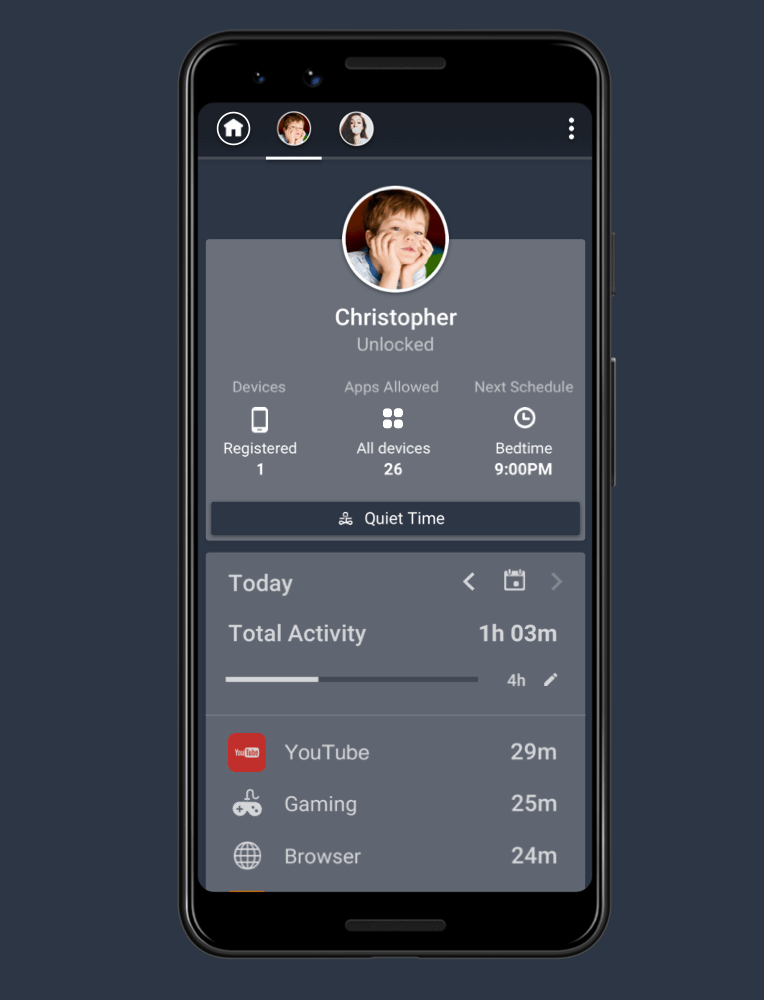  The “Parent” device is able to create a profile and keep track of the usage and activities of each user under the account. The profile can include a number of devices being used by each “child”.  Schedules may be set so the “Parent” can be sure that