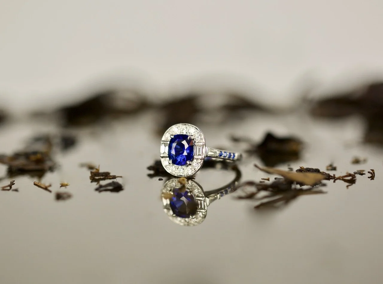 Art Deco inspired 2.18ct cushion cut sapphire and diamond ring. Image: Tallulah