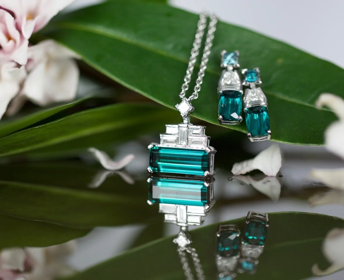 Art Deco inspired, 18k white gold, Brazilian tourmaline, blue and white diamond pendant and earrings. I love these! Rebecca’s stunning jewellery graced the front cover of ‘The Australian Gemmologist’ recently. Image: Tallulah