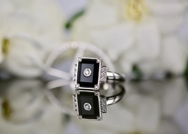 18k white gold, black spinel and diamond ring. Image: Tallulah