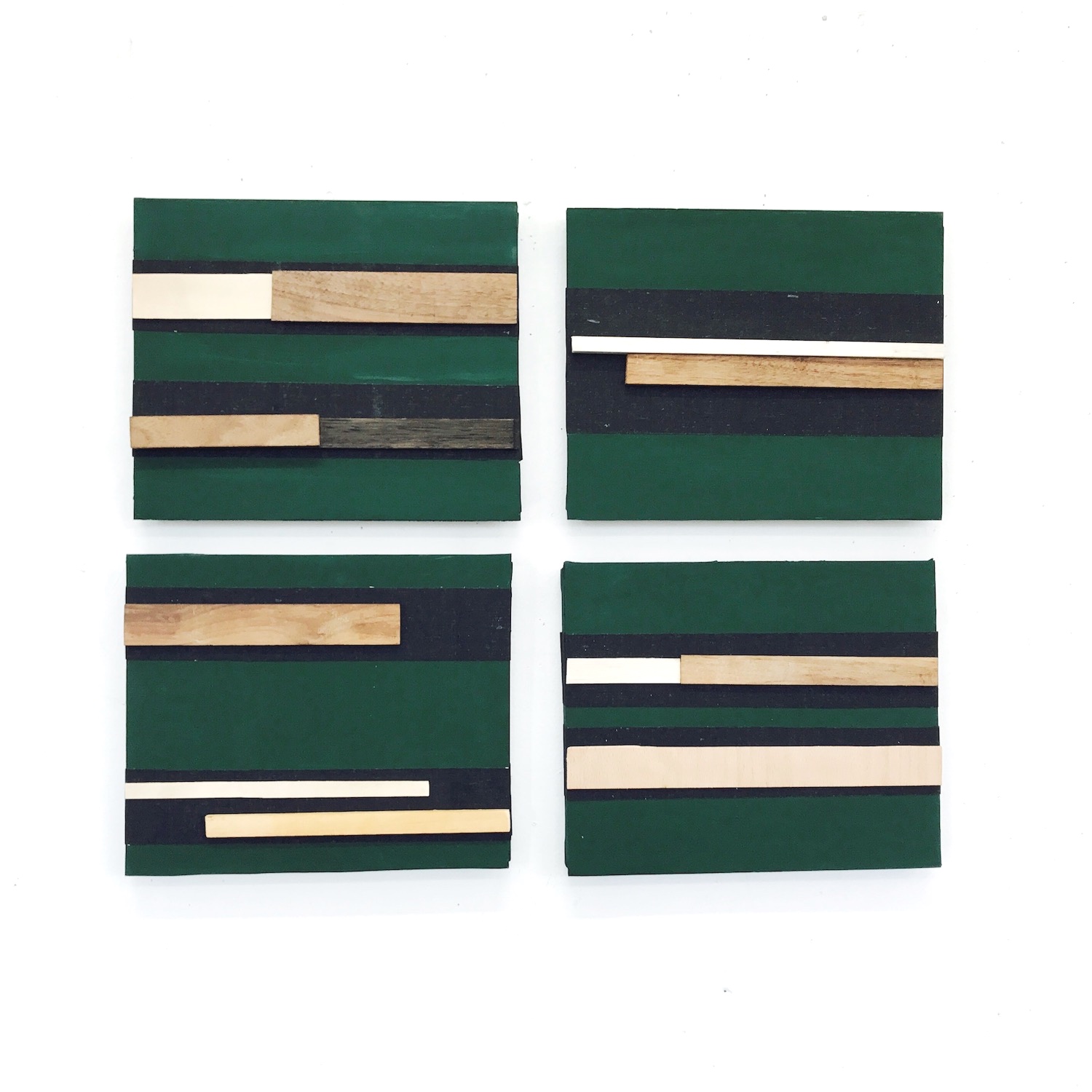  MARLENE SARROFF :  From the Land to the Sea  1,2,3,4. 30 x 40 cms ea.  wooden lengths, tape, acrylic on board 2017.  London Exhibition 