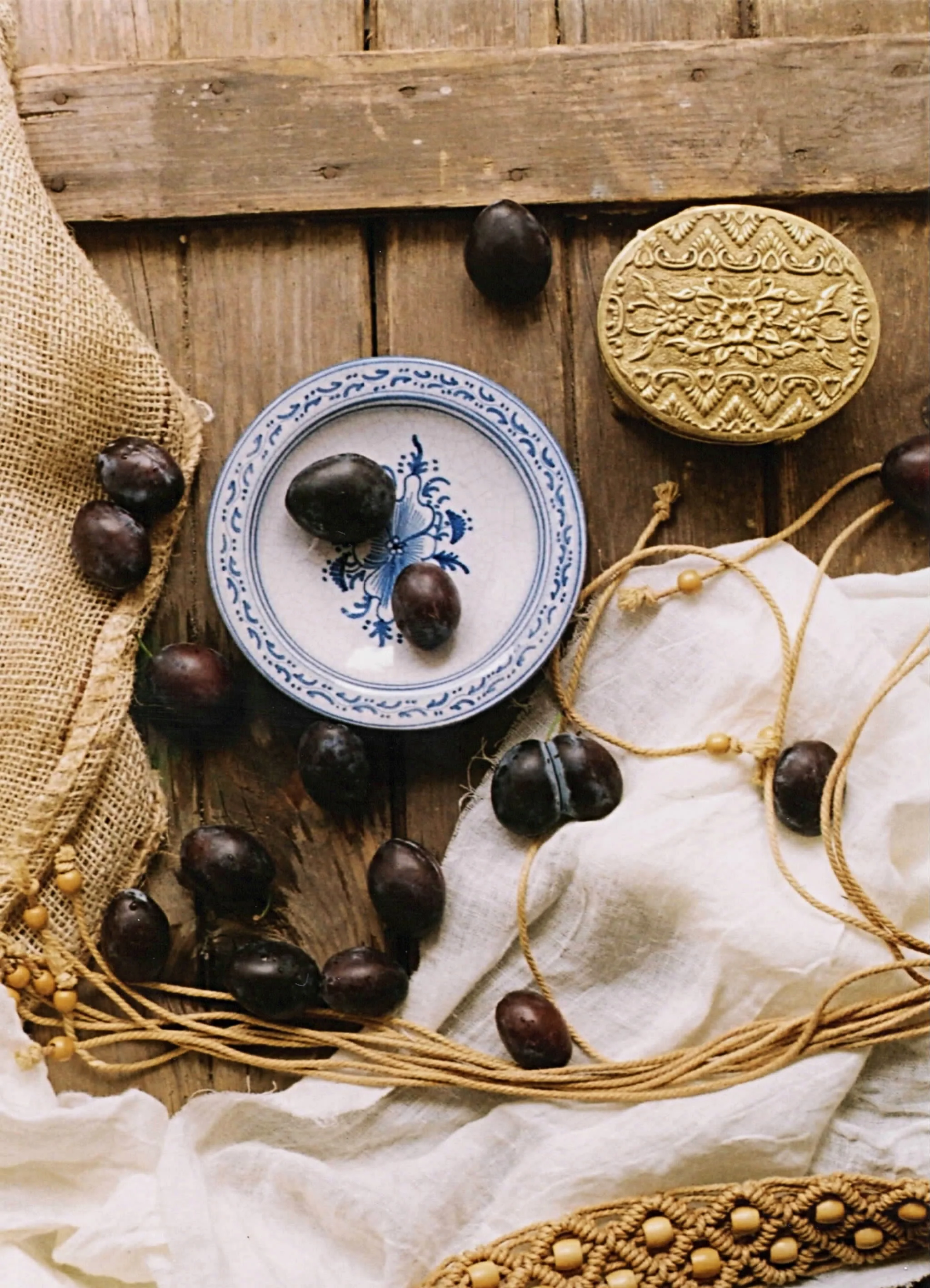 small mediterranean blue plate and floral embossed brass casket