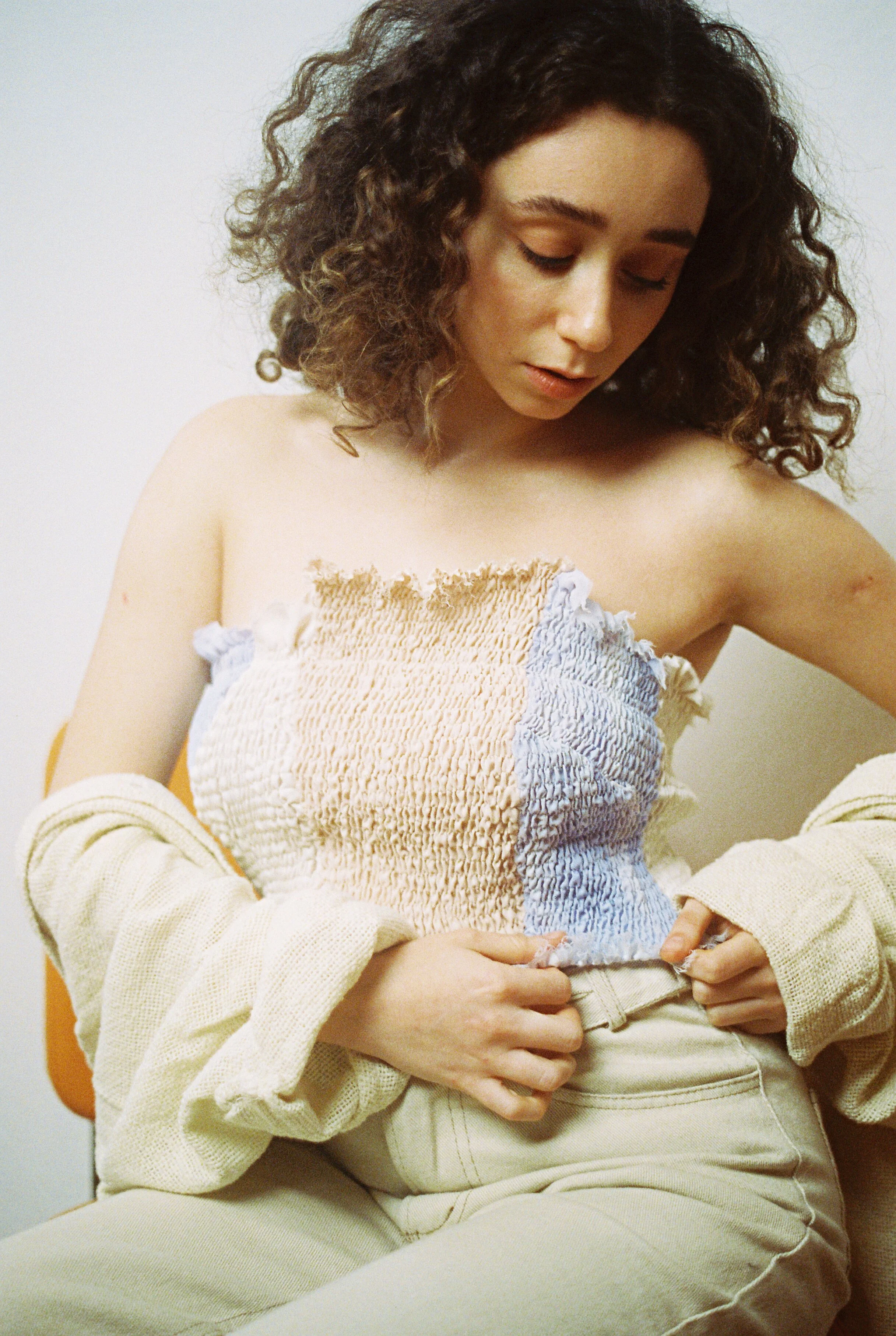 shirred patchwork pastel top