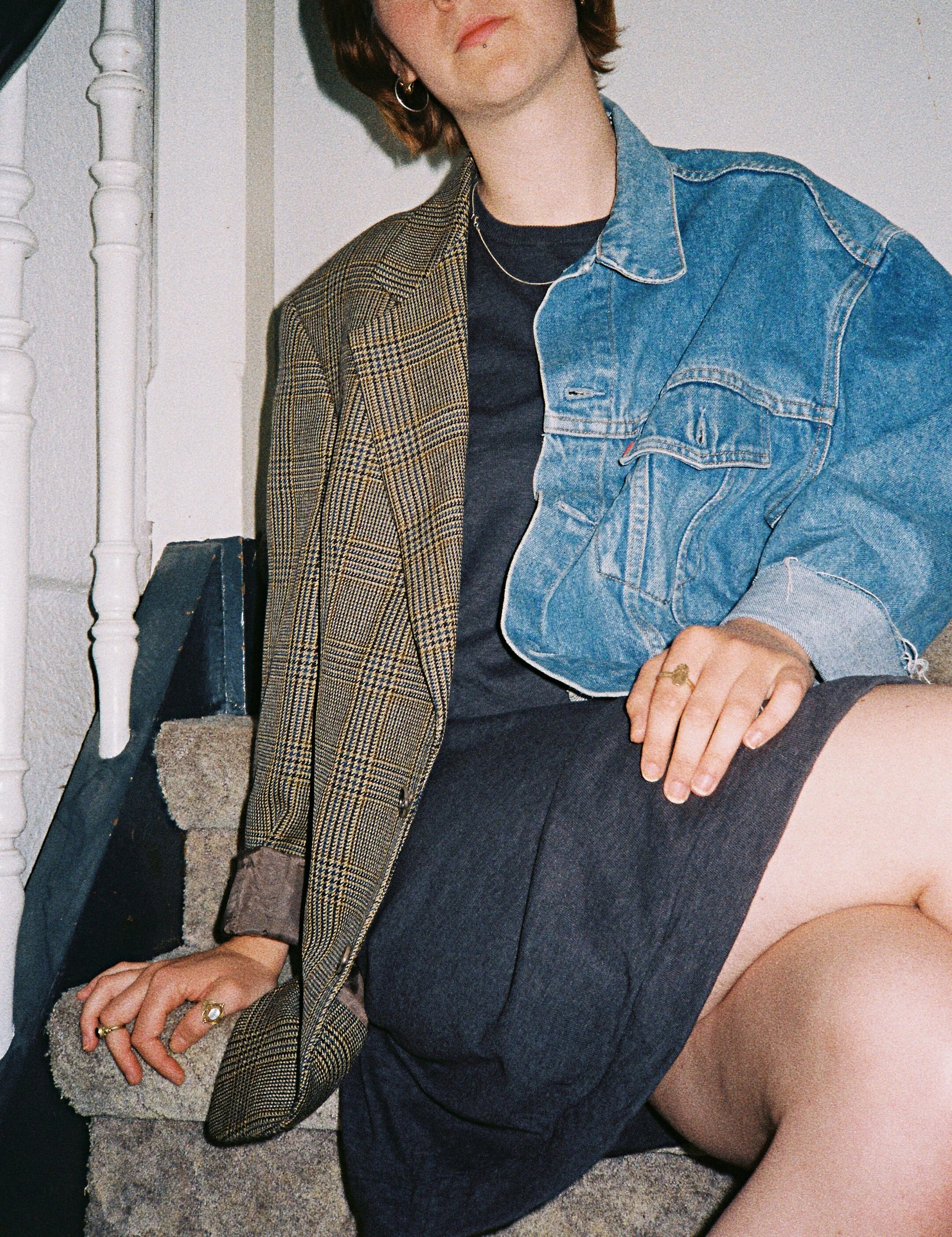 deconstructed denim suit jacket