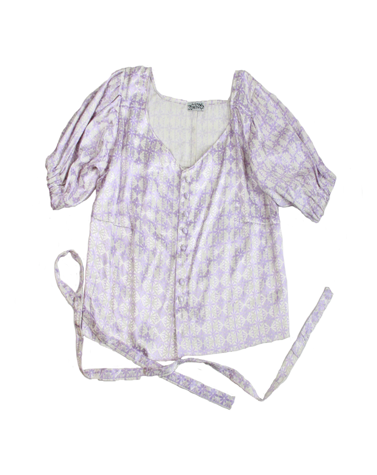 lavender shiny floral blouse