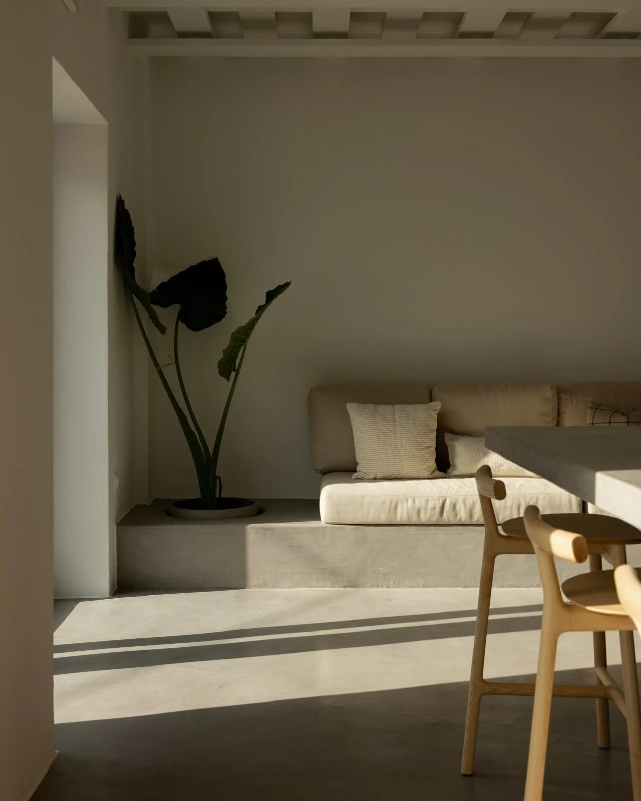 minimalist hotel dining room with concrete and oak furniture