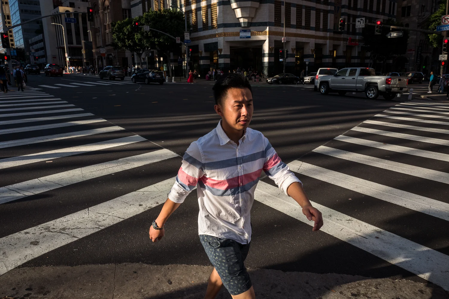 Street photography Los Angeles downtown intersection, The American Mirage by Tarek Zaïgouche