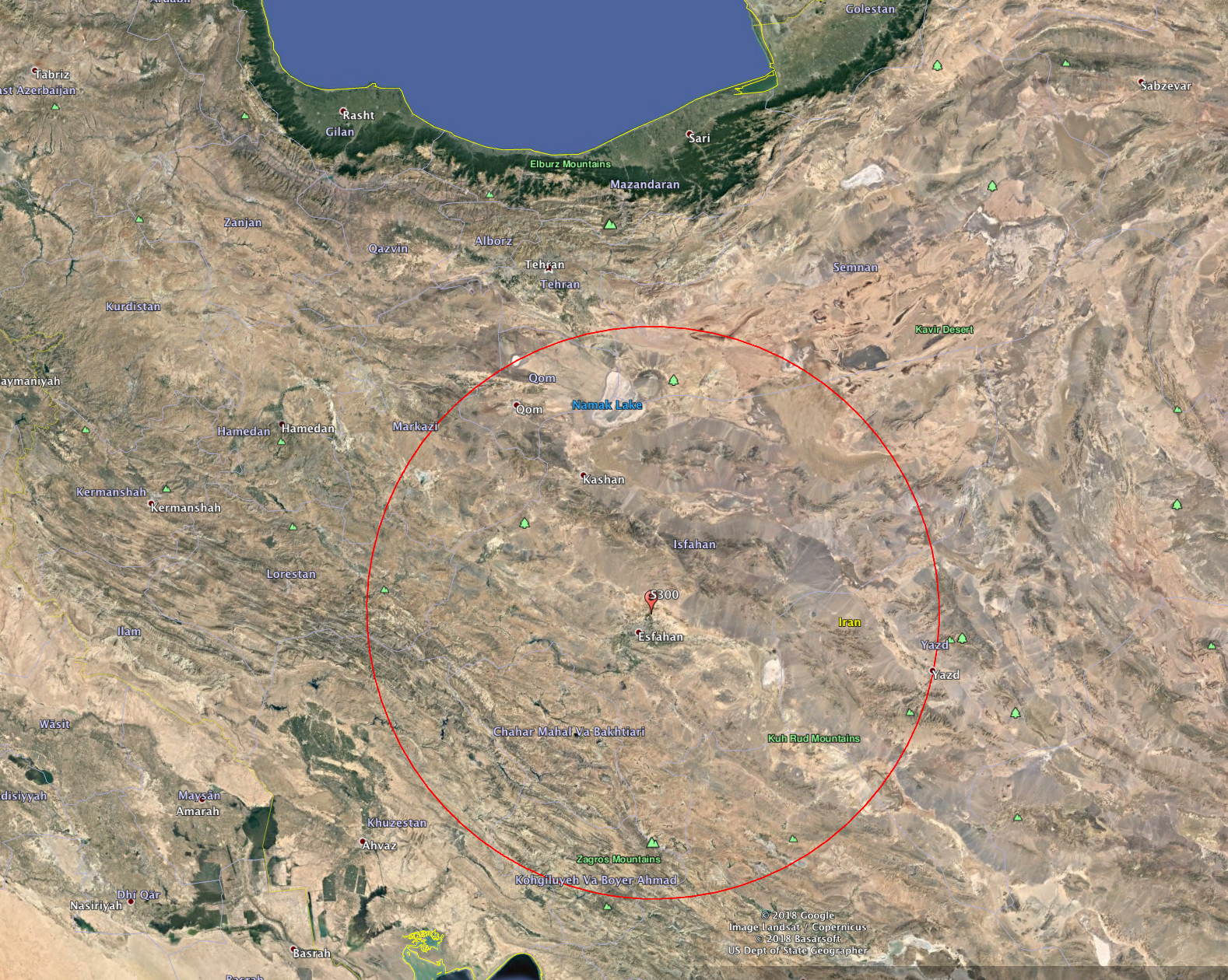 Range of S-300 located at Shahid Beheshti International