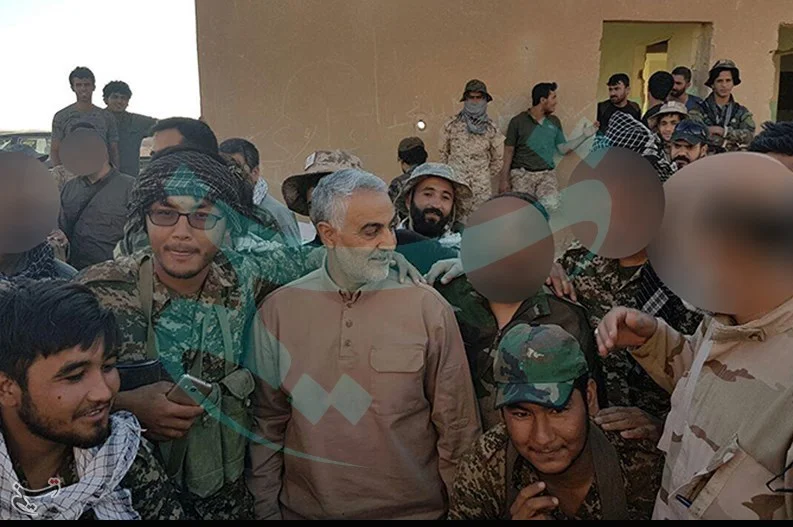 Liwa Fatemiyoun fighters with Qasem Soleimani during the Syrian Desert campaign (May–July 2017).
