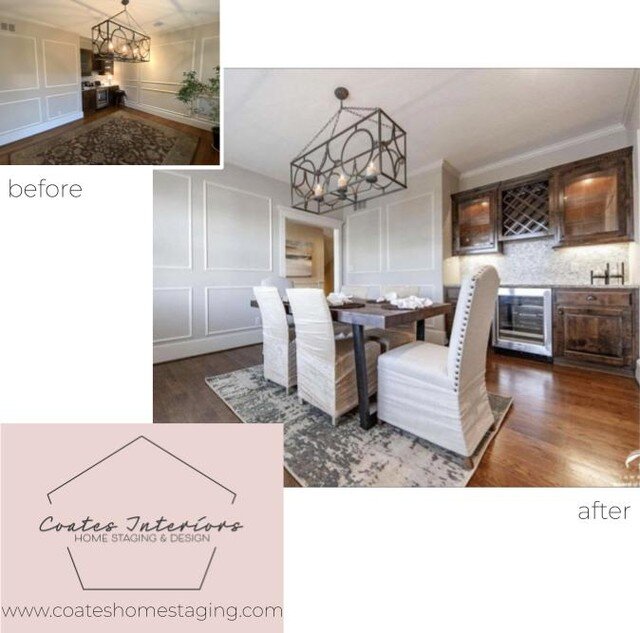 Before &amp; After dining room! We modernized the room by replacing the traditional rug with an abstract rug and lightened it up with the cream chair covers.
#coateshomestaging #coatesinteriorskc #homestaging #homedecor #staging #staged #diningroom #