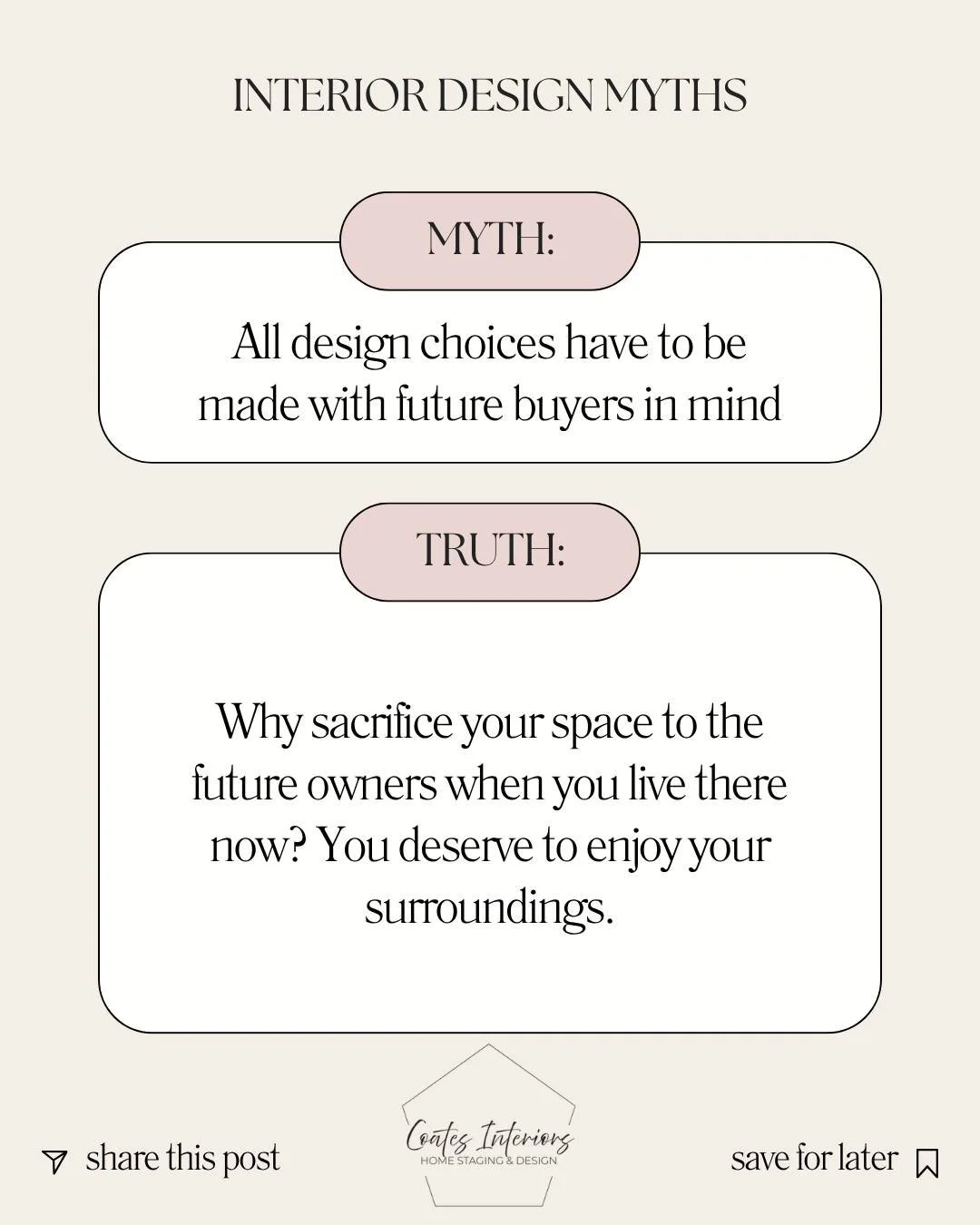 People think they must use plain, boring colors and finishes for future buyers. You live in the home now, so your space should match YOU! 

As a designer, I spend a lot of time reminding people they deserve to enjoy their space. We advise against com