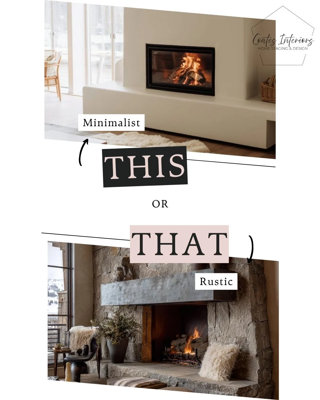 THIS or THAT: Fireplace Edition!
Which fireplace style defines your dream living room? 🔥

👉Team THIS: The Modern Minimalist
&bull; The Look: Clean lines, concrete or smooth plaster, and a sleek linear gas flame
&bull; The Vibe: High-fashion, clutte