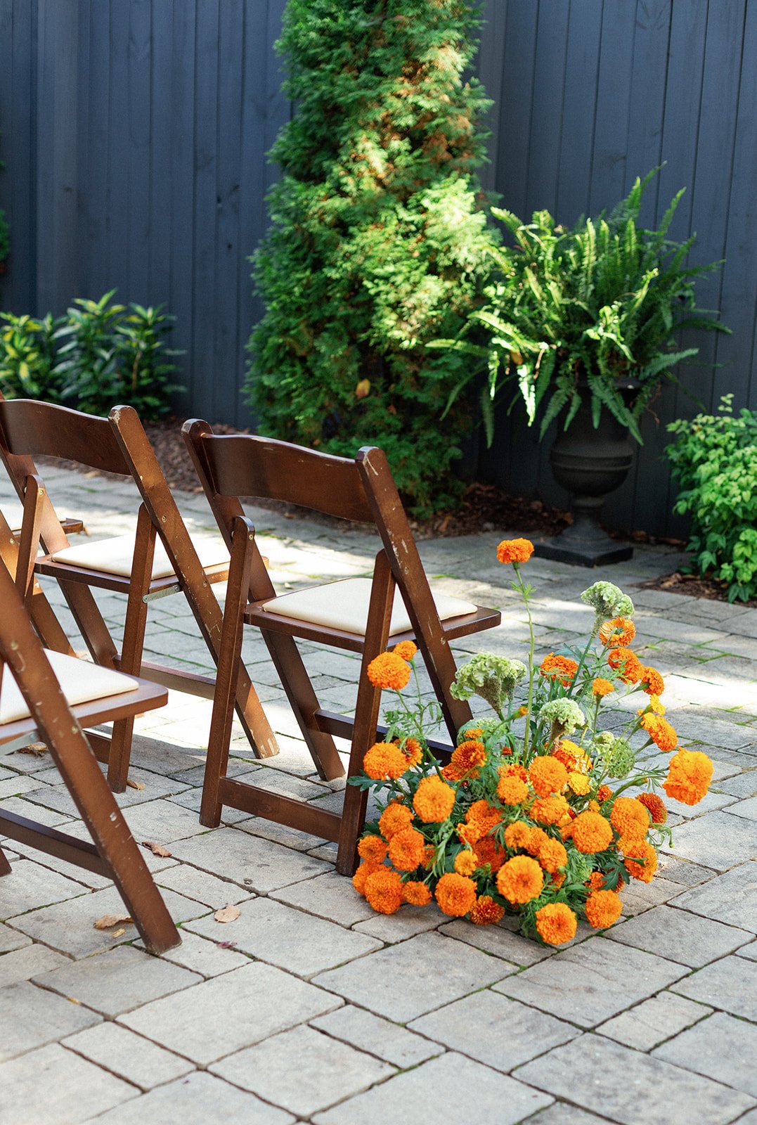 Outdoor garden scene with wooden chairs, orange flowers, and lush green plants against a dark fence.