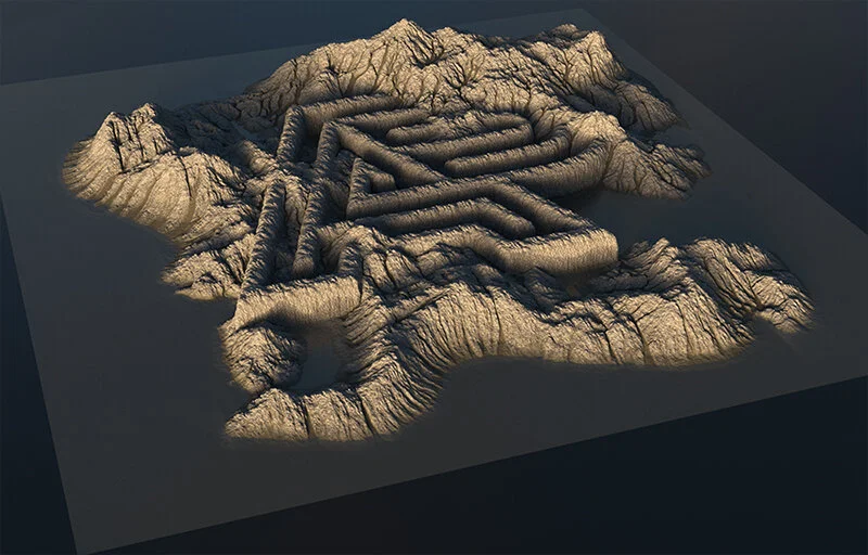 Designed using houdini heightfield terrain builder.