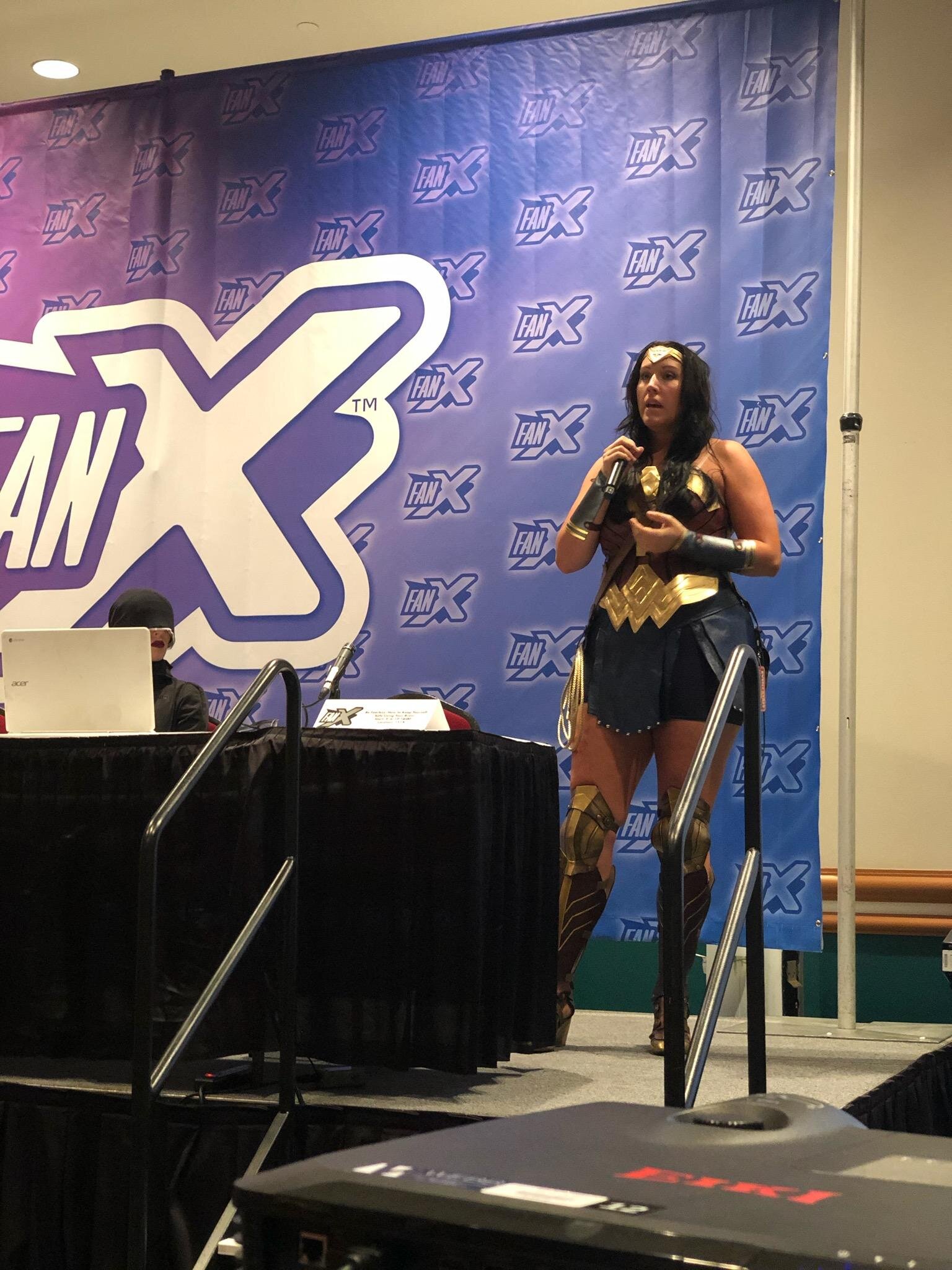 Alyssa cosplaying Wonder Woman teaches Risk-Time Continuum at FanX