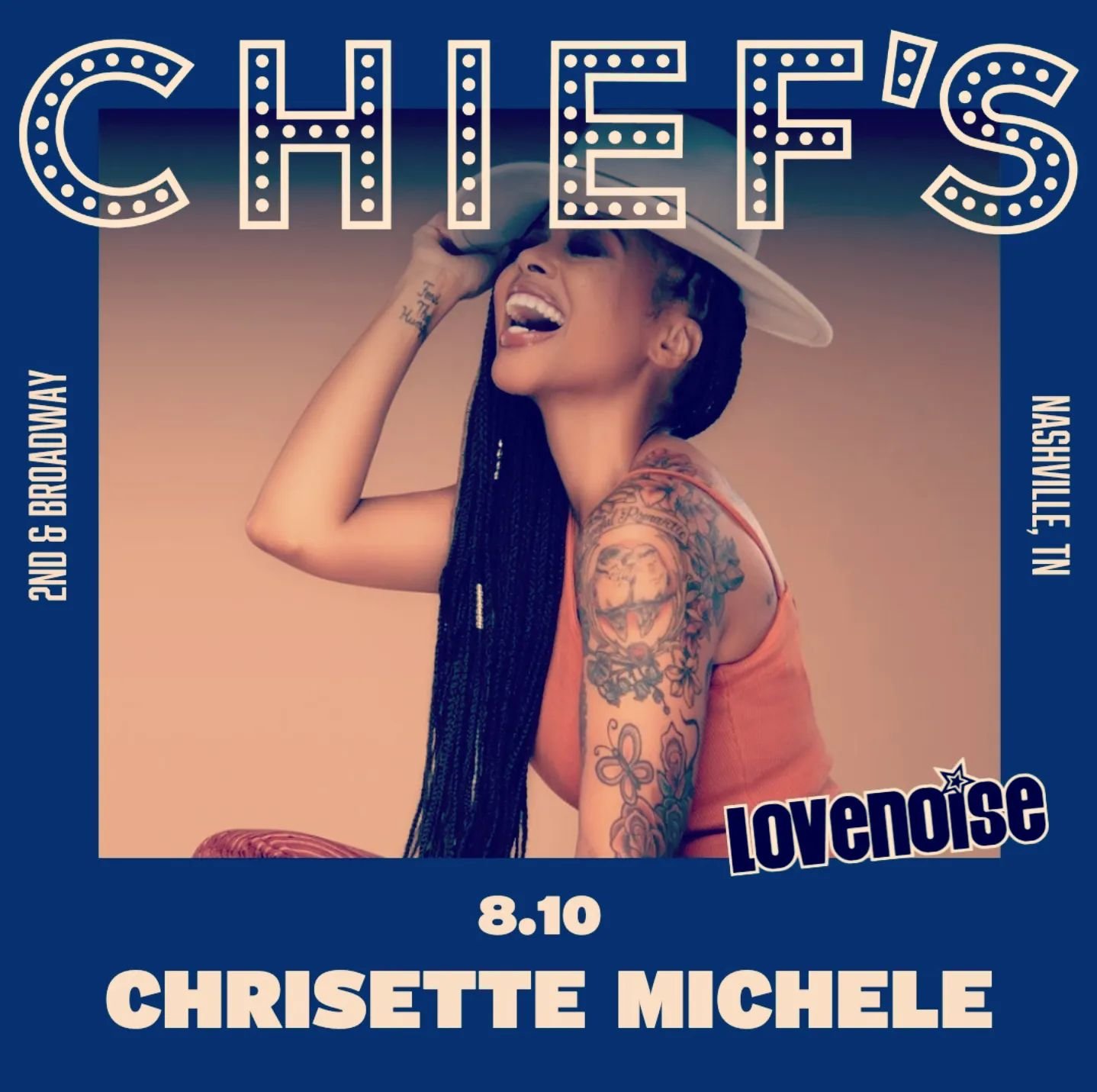 JUST ANNOUNCED: @chrisettemichele is coming back to Nashville on August 10th! This time she is hitting BROADWAY's newest live music venue @chiefsbroadway 

Join LOVENOISE for a wonderful night of good soul music in the heart of the city! 

Tickets on