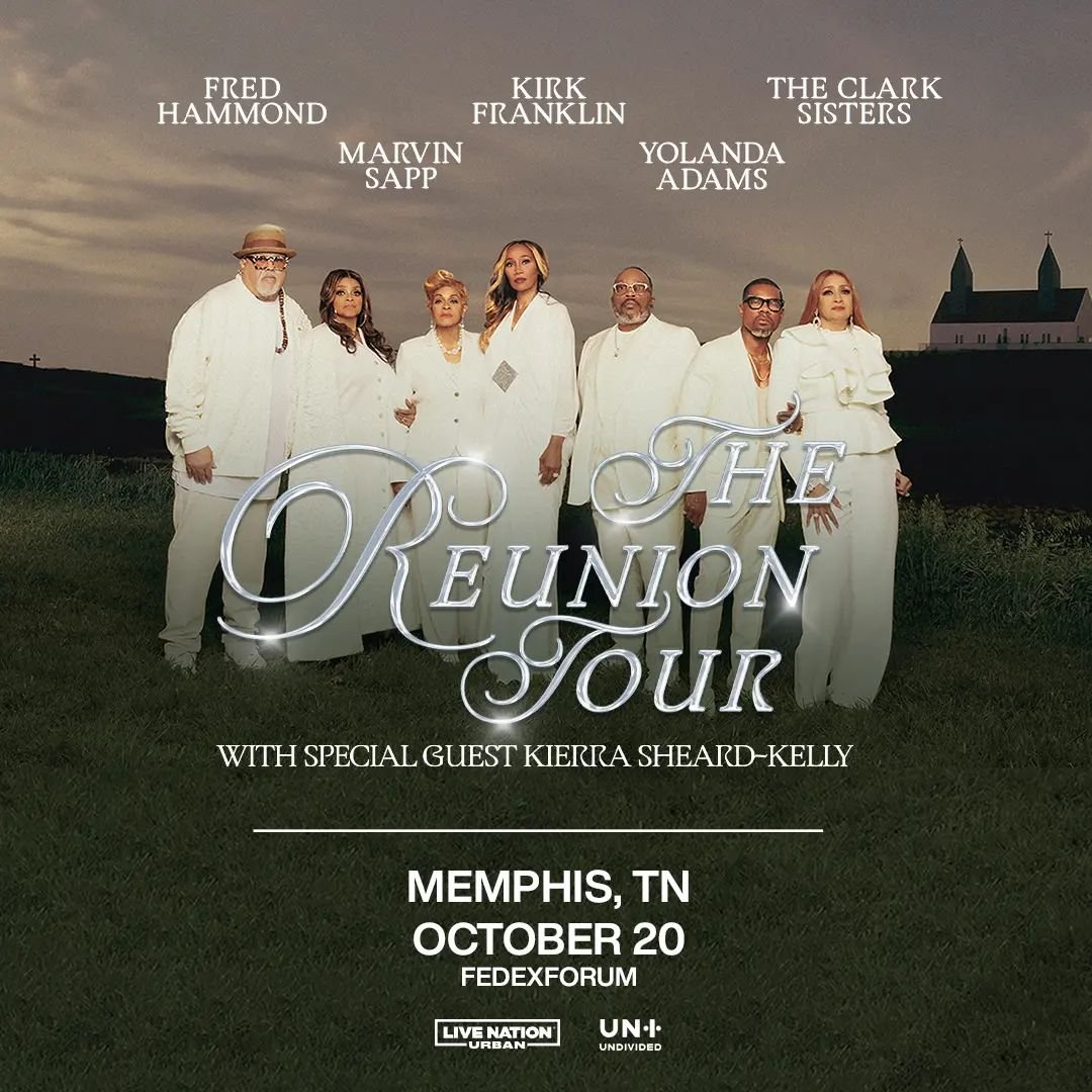 JUST ANNOUNCED IN MEMPHIS! THE REUNION TOUR featuring Kirk Franklin, Yolanda Adams, Marvin Sapp,  The Clark Sisters and Fred Hammond is returning to FedExForum's stage on October 20th. 

Tickets go on sale this Wednesday, 5/22 at 10 AM!
 🎟️ &rarr;Lo