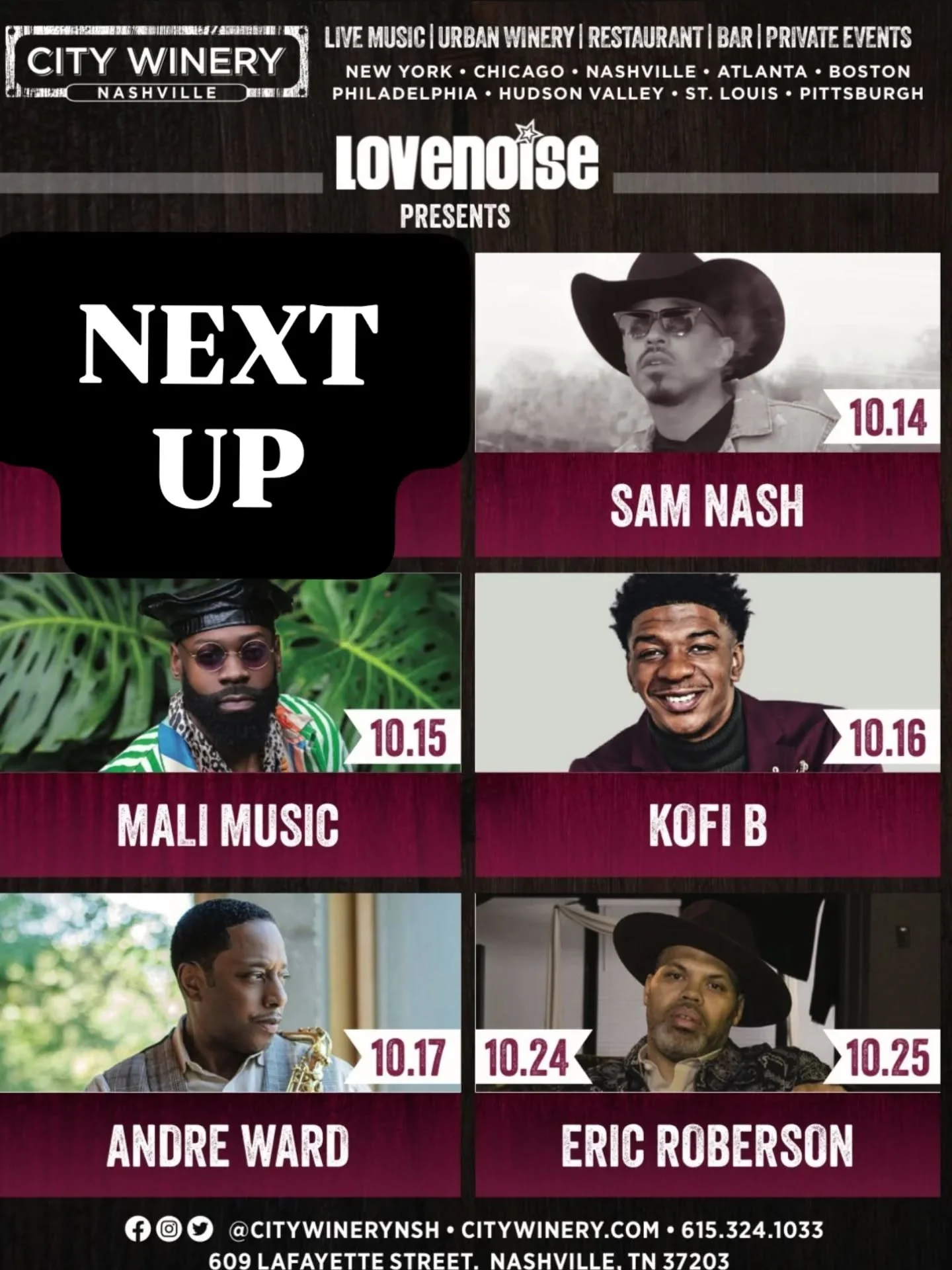 We heard you love ❤️ great live music 🎶 experiences! Welp, we have a few lined up @citywinerynsh !!!

Check out a show and tell a friend! #YepYep

10/14 - Sam Nash
10/15 - Mali Music
10/16 - Kofi B
10/17 - Andre Ward
10/24 + 10/25 - Eric Roberson 

