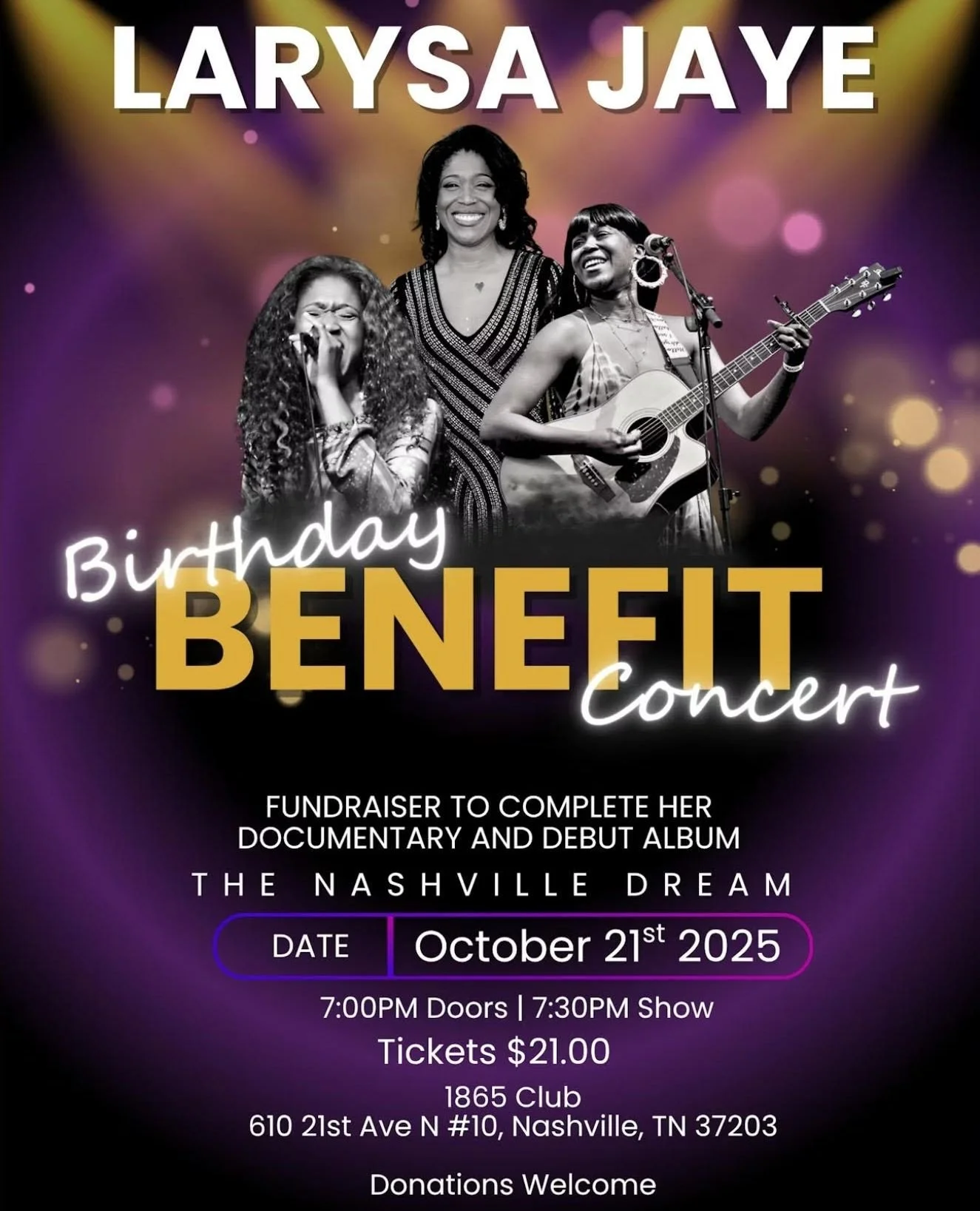 🎶 A Night to Honor Larysa Jaye 🎶⁠
Join us Tuesday, October 21, 2025, at The 1865 Club for The Nashville Dream: Birthday Benefit Concert &mdash; a special celebration of Larysa&rsquo;s life, music, and legacy. 💜⁠
⁠
On what would&rsquo;ve been her 4