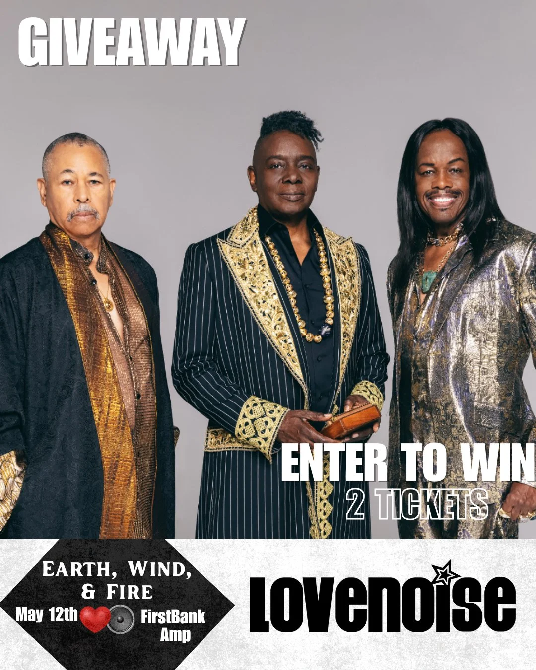 Earth, Wind, &amp; Fire is coming to @firstbankamp on May 12th, and we&rsquo;re giving away TWO pairs of tickets to the show!⁠
⁠
Here&rsquo;s how to enter:⁠
❤️Like this post⁠
👍Must be following @lovenoise2020⁠
⬇️Tag your +1 below, each comment count