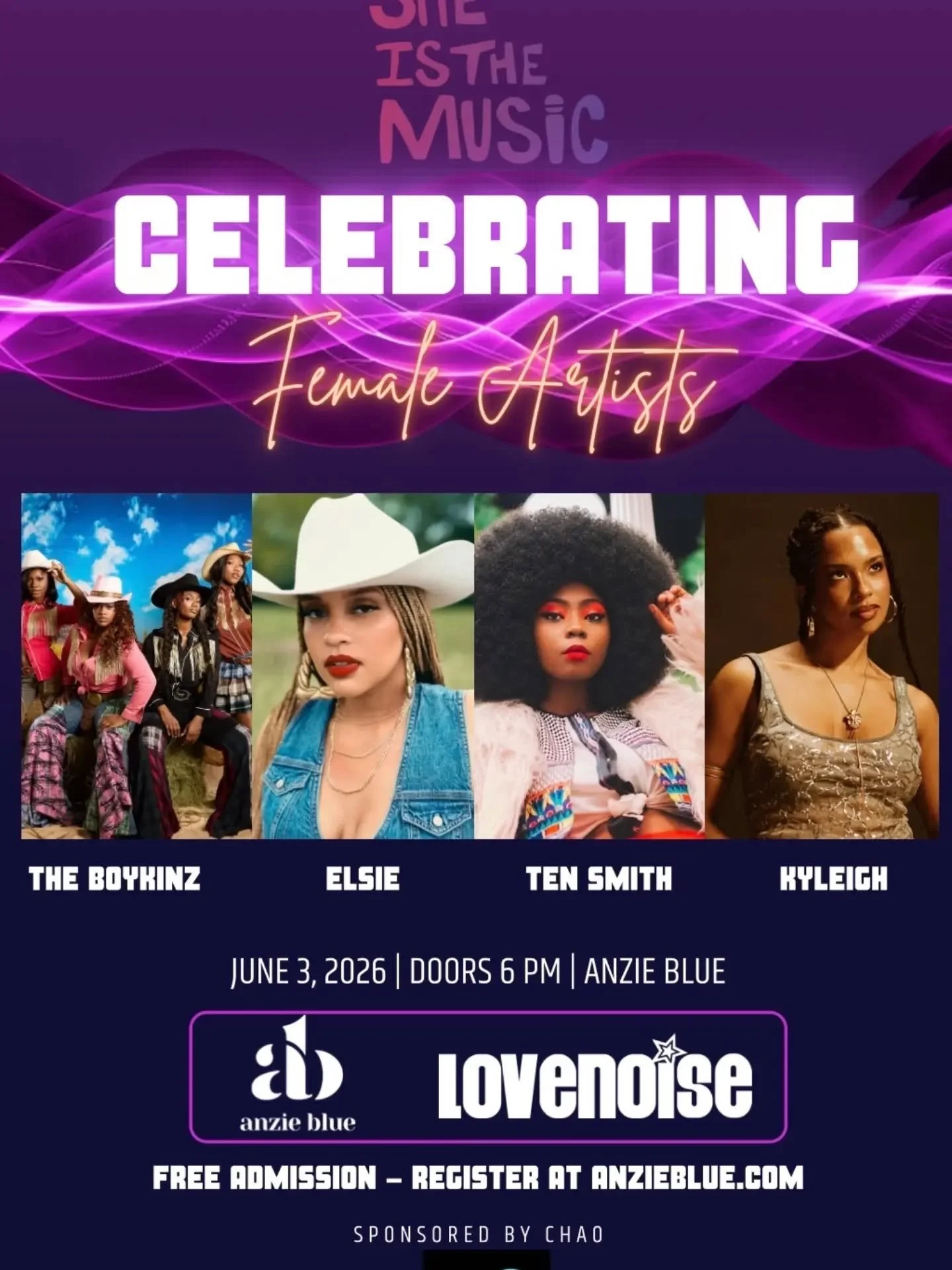 SHE IS THE MUSIC ✨💜

A night dedicated to celebrating the power, creativity, and impact of female artists in Nashville. Join us as we spotlight an incredible lineup featuring The BoykinZ, Elsie, Ten Smith, and Kyleigh live at Anzie Blue.

📍 Anzie B