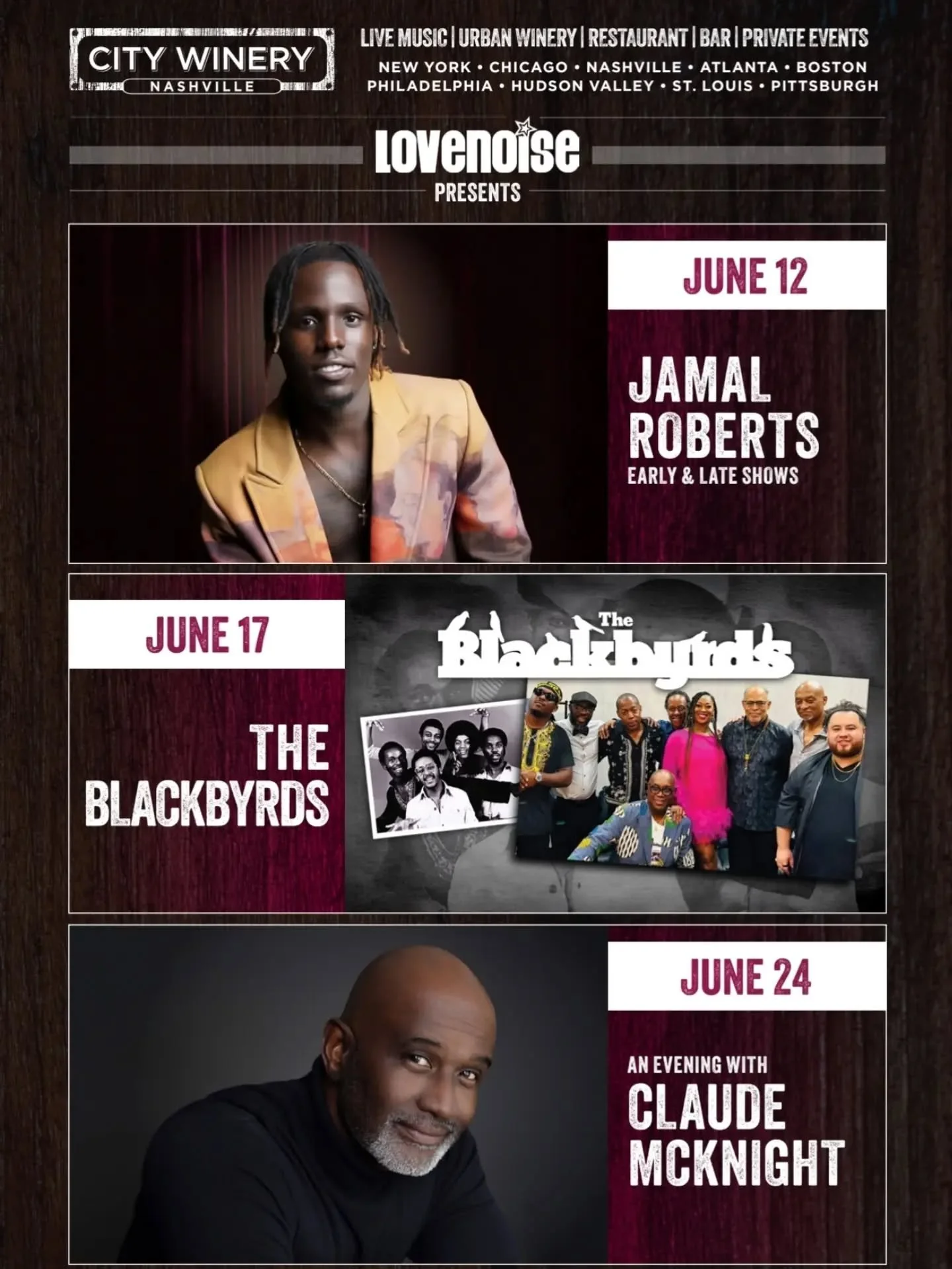 Lovenoise x City Winery Nashville present a Soulful Summer!🎶🍷

Summer is sounding incredible at City Winery Nashville.
From legendary voices and soul icons to rising stars and unforgettable live experiences, we've curated a season of R&amp;B, soul,