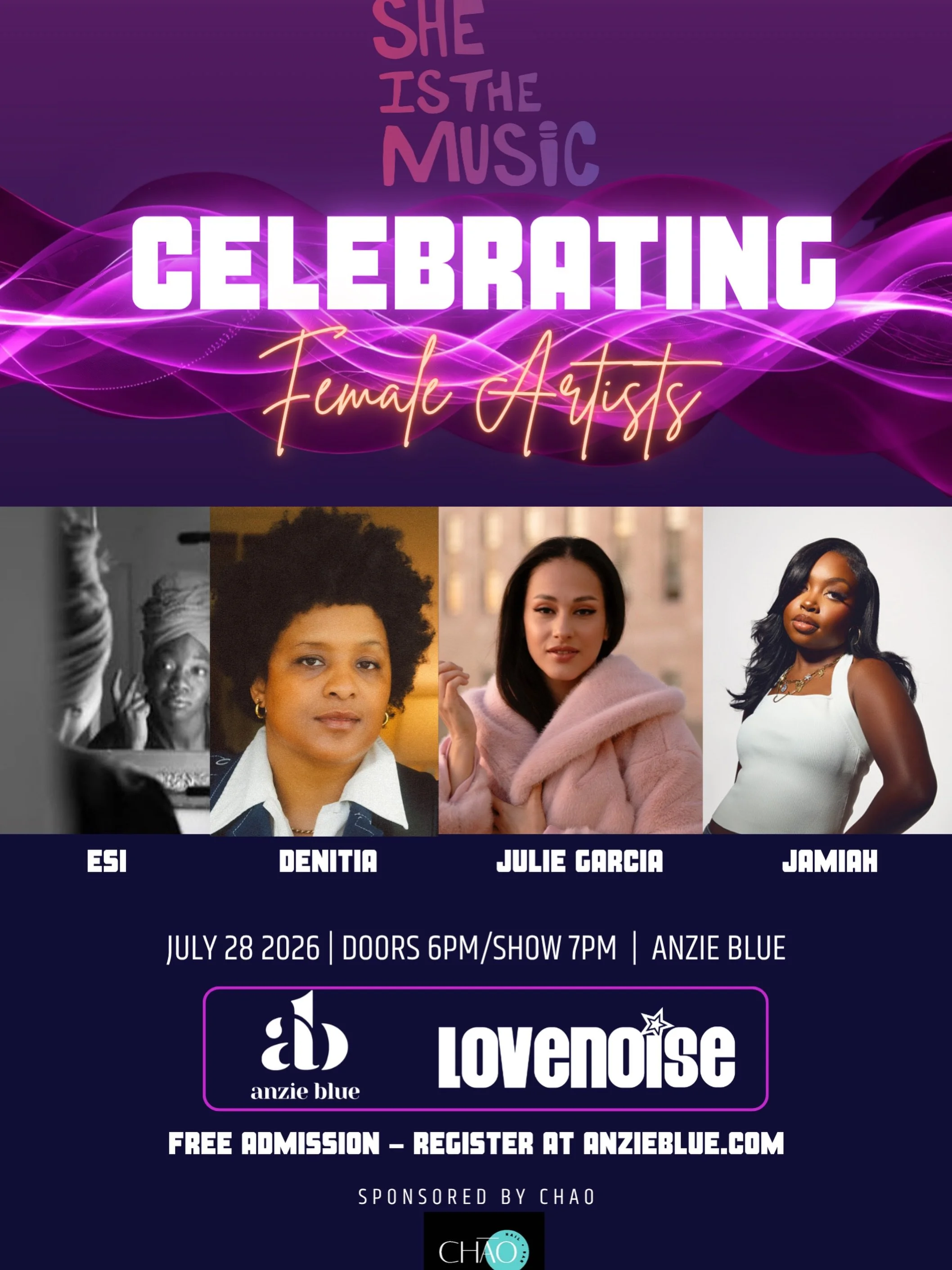 Celebrating Female Artists 🎶✨

Lovenoise and Anzie Blue present a special She Is The Music night dedicated to the voices, stories, and creativity of women in music.

Join us for an evening celebrating an incredible lineup of artists:

ESI
DENITIA
JU