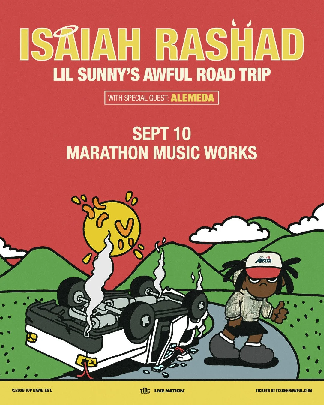 ON SALE NOW 🎟️⁠
⁠
This fall Isaiah Rashad will be live in Nashville on the Lil Sunny's Awful Road Trip Tour with special guest Alemeda.⁠
⁠
📍 Marathon Music Works⁠
📅 September 10⁠
⁠
From Cilvia Demo to The House Is Burning, Isaiah Rashad has built 