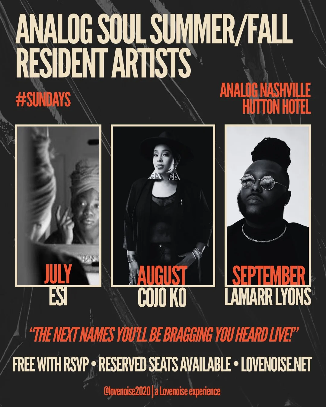 The next chapter of Analog Soul Sundays is here. 🖤⁠
⁠
Your Summer/Fall Resident Artists:⁠
☀️ JULY (12+19) &mdash; ESI ⁠
🔥 AUGUST (2+16) &mdash; CoJo Ko⁠
🍂 SEPTEMBER (13+20) &mdash; Lamarr Lyons⁠
⁠
Sundays at Analog Nashville inside the Hutton Hote