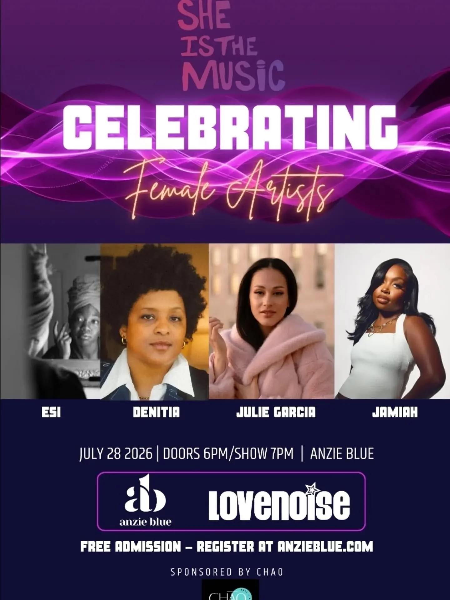 NASHVILLE &mdash; Tomorrow night, we&rsquo;re back at Anzie Blue for another edition of She Is The Music, curated by Lovenoise.

This month&rsquo;s lineup features Esi, Juli Garcia, Jamiah &amp; Denitia &mdash; four artists you need to know. Come dis