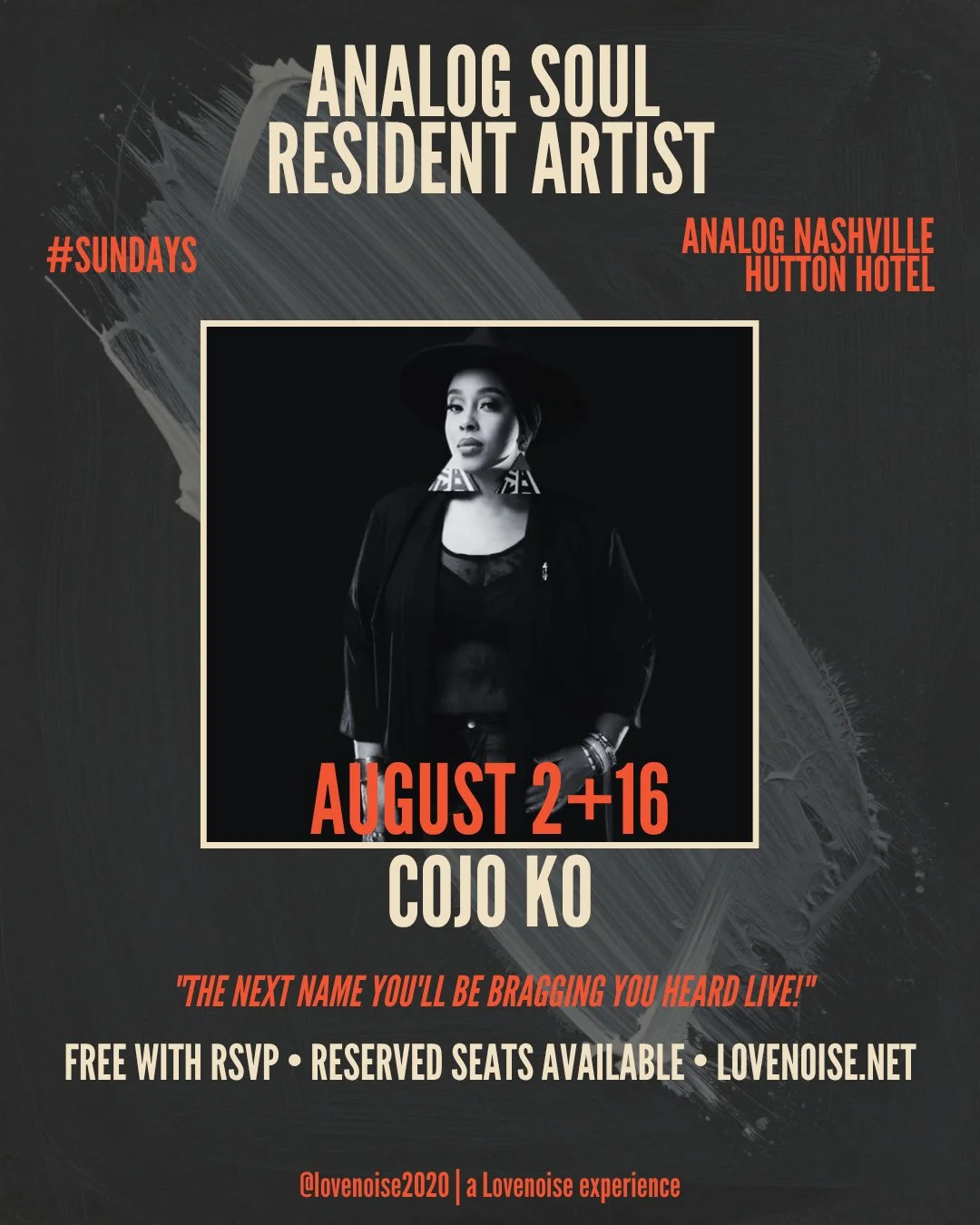 🔥 CALLING ALL R&amp;B LOVERS &mdash; AUGUST IS FOR COJO KO. 🔥⁠
⁠
We&rsquo;re excited to announce COJO KO as our August Resident Artist for Sunday Night's Analog Soul at the Hutton.⁠
⁠
Every Sunday, come experience one of Nashville&rsquo;s standout 