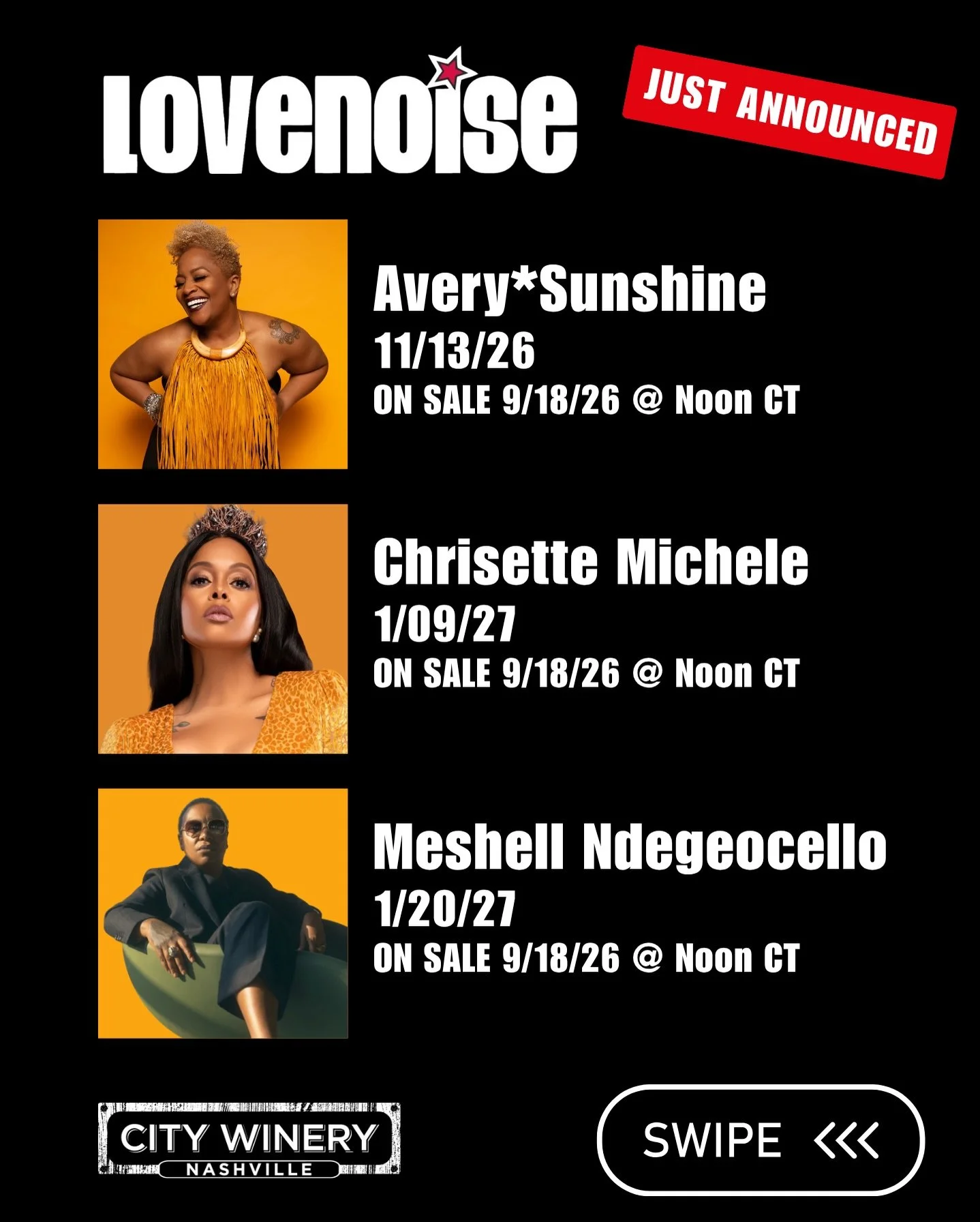 JUST ANNOUNCED!!
🎶 THREE MORE REASONS TO MAKE CITY WINERY NASHVILLE YOUR NEXT NIGHT OUT.⁠
⁠
We&rsquo;ve got some serious soul headed your way. ✨⁠
⁠
🍷 Avery*Sunshine &mdash; November 13⁠ *TWO SHOWS*⁠
🎤 Chrisette Michele &mdash; January 9⁠ *TWO SHOW