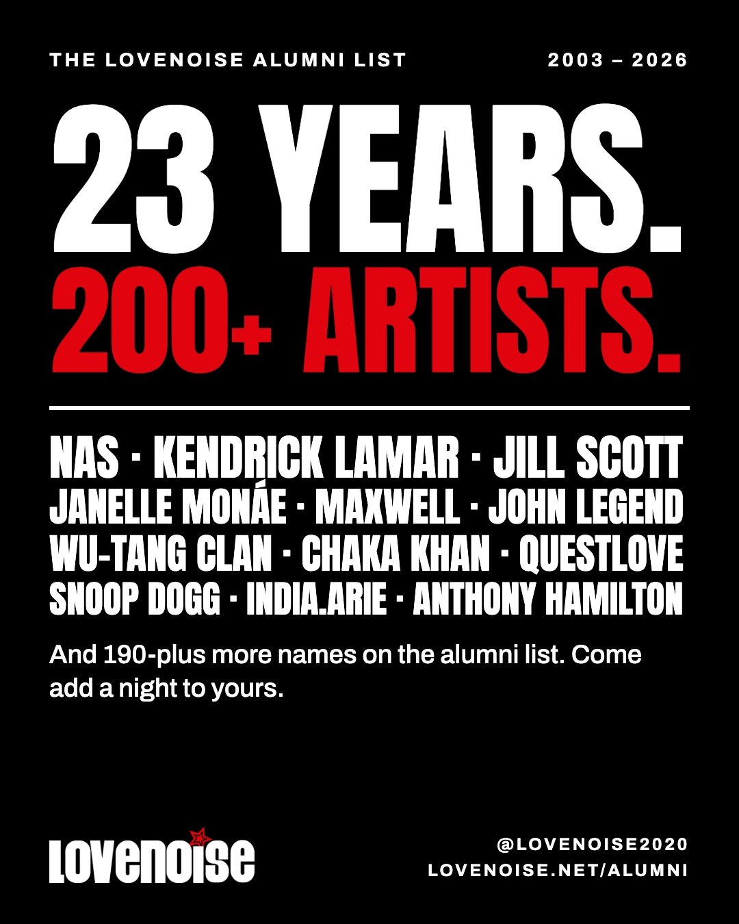 ✨ 23 YEARS. 200+ ARTISTS. THE RECEIPTS. ✨
Nas. Kendrick Lamar. Jill Scott. Janelle Mon&aacute;e. Maxwell. John Legend. Wu-Tang Clan. Chaka Khan. And 190-plus more names on the Lovenoise alumni list. 🧾

The list keeps growing. THIS WEEKEND alone:
📅 